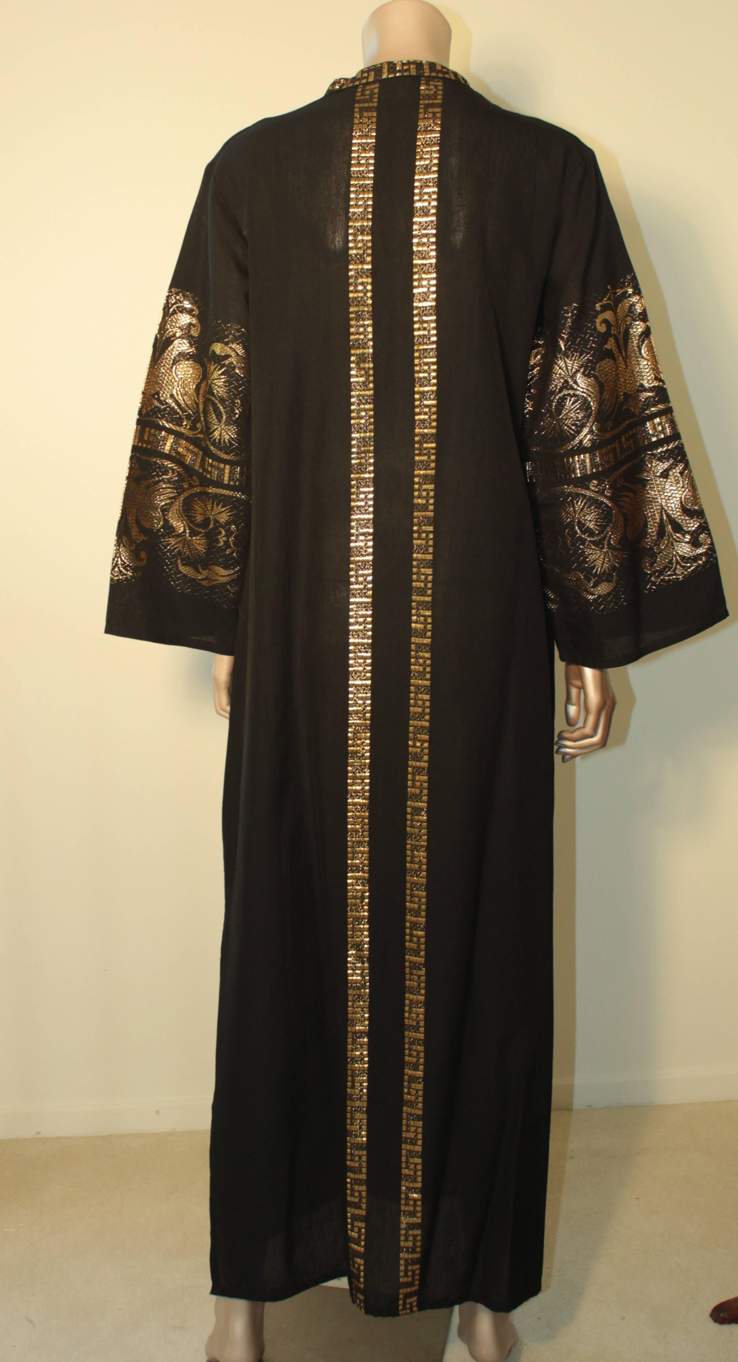 Hand-Crafted Caftan Black and Gold, 1970s, Maxi Dress Greek Kaftan Size M to L
