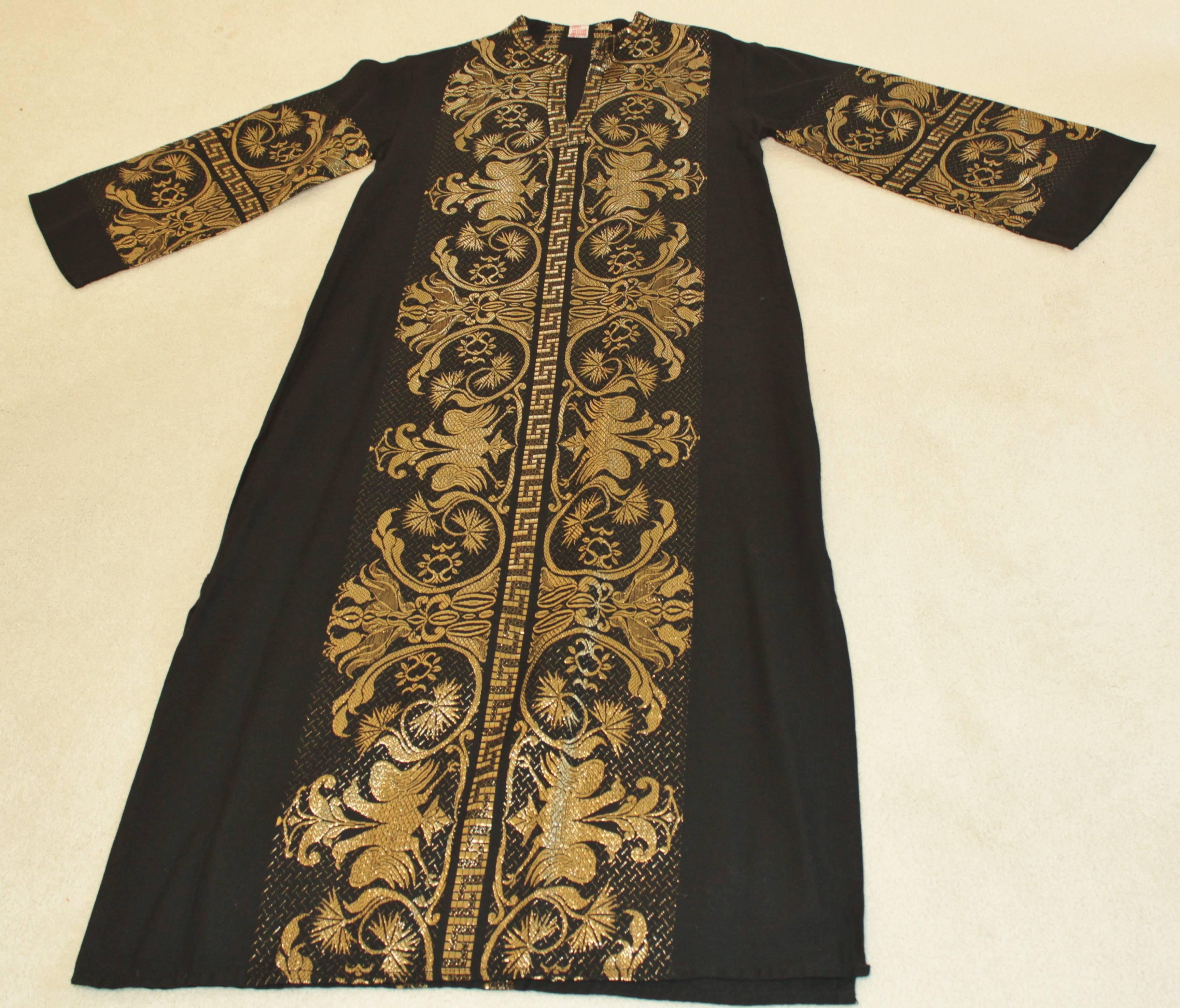 Caftan Black and Gold, 1970s, Maxi Dress Greek Kaftan Size M to L In Excellent Condition In North Hollywood, CA