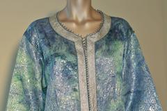 Moroccan Moorish Caftan Maxi Dress Brocade Aquamarine Blue and Silver Size M L