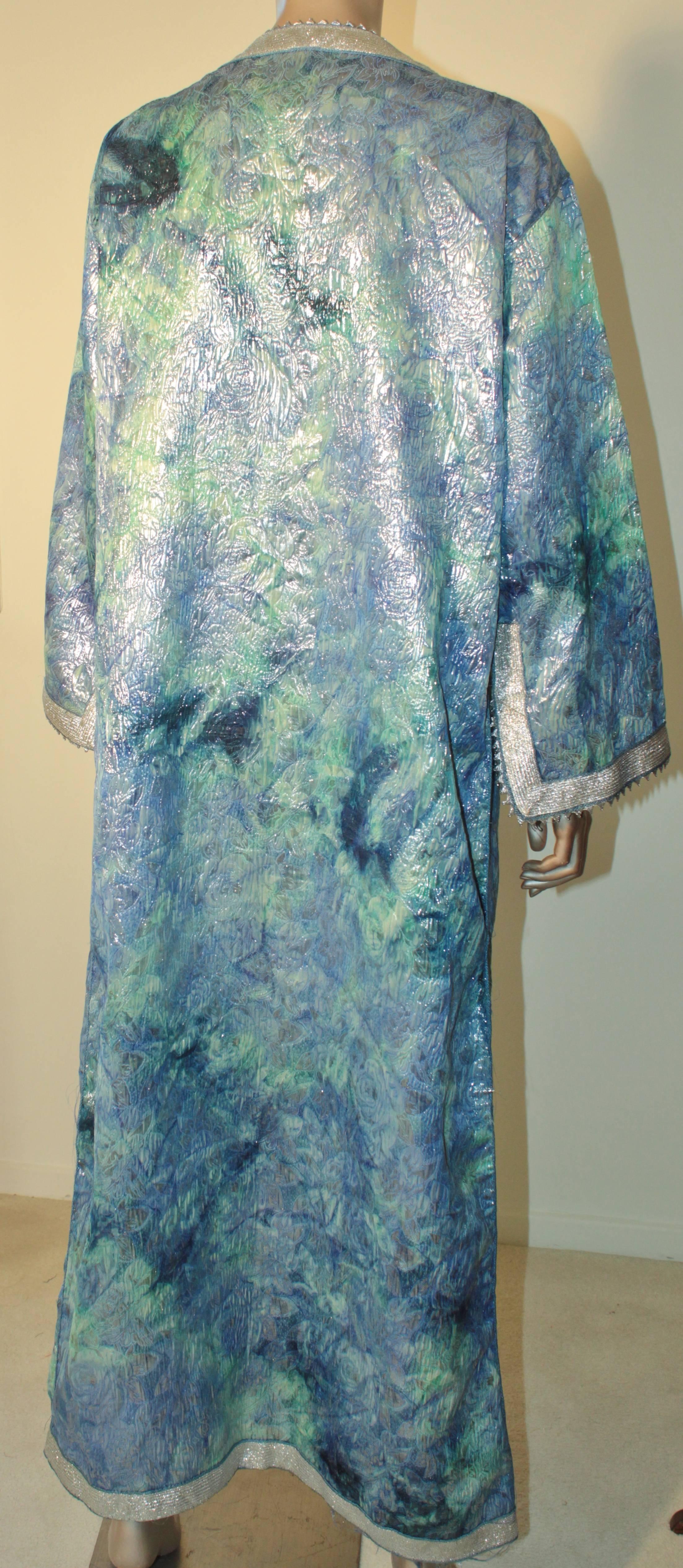 20th Century Moroccan Moorish Caftan Maxi Dress Brocade Aquamarine Blue and Silver Size M L For Sale