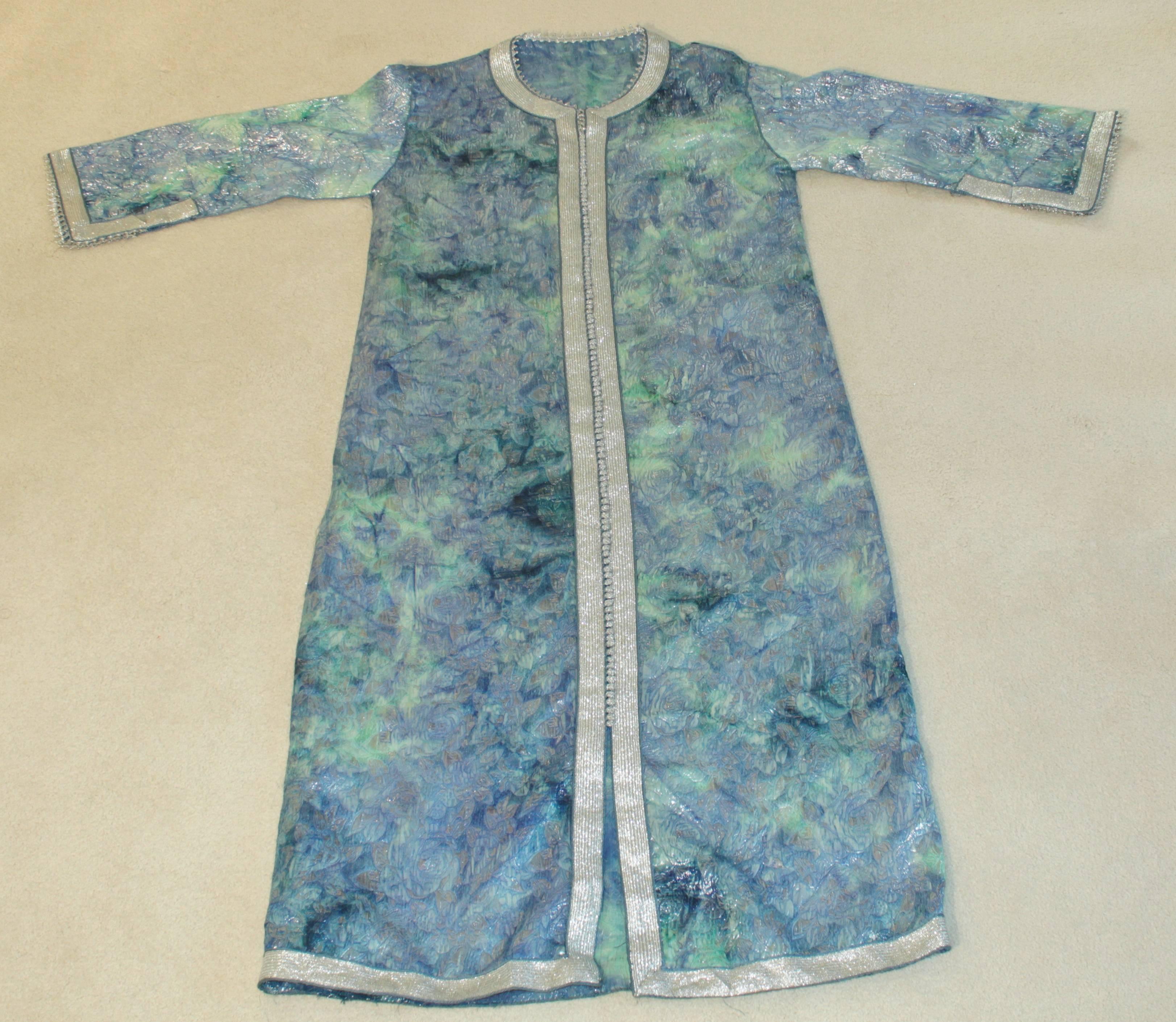 Moroccan Moorish Caftan Maxi Dress Brocade Aquamarine Blue and Silver Size M L For Sale 1