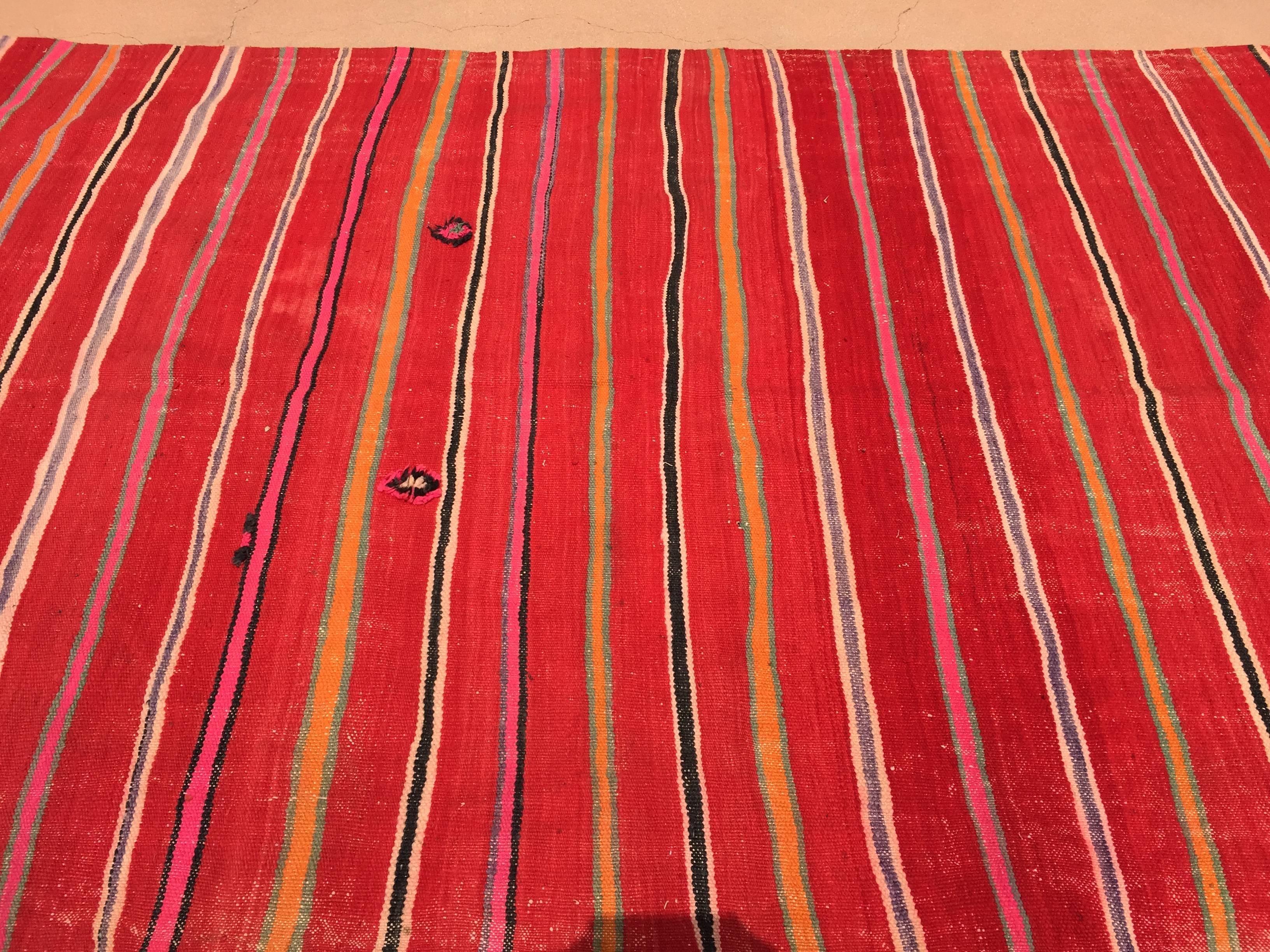 Vintage Moroccan Flat-Weave Rug with Stripes In Good Condition For Sale In North Hollywood, CA