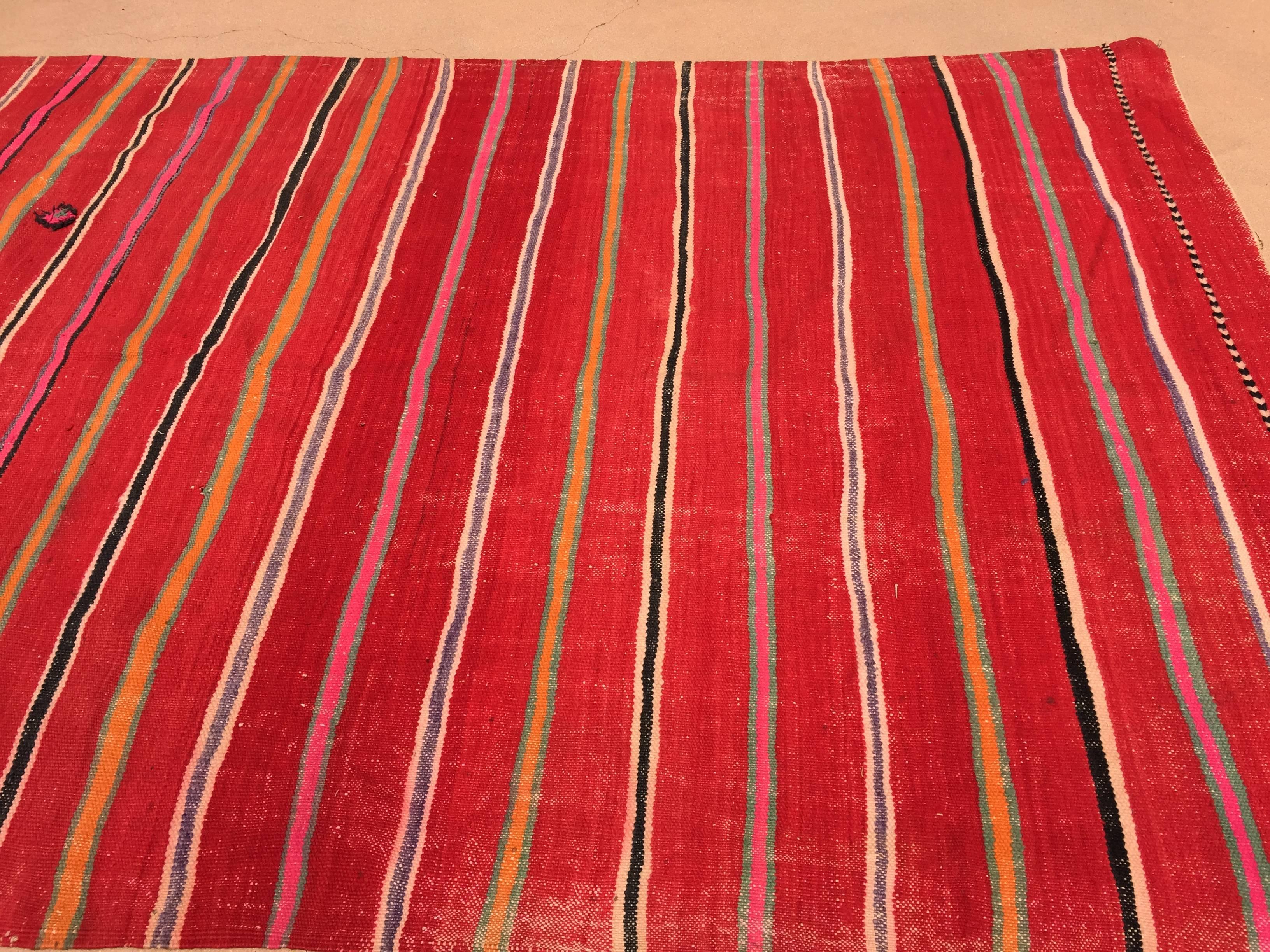 Folk Art Vintage Moroccan Flat-Weave Rug with Stripes For Sale