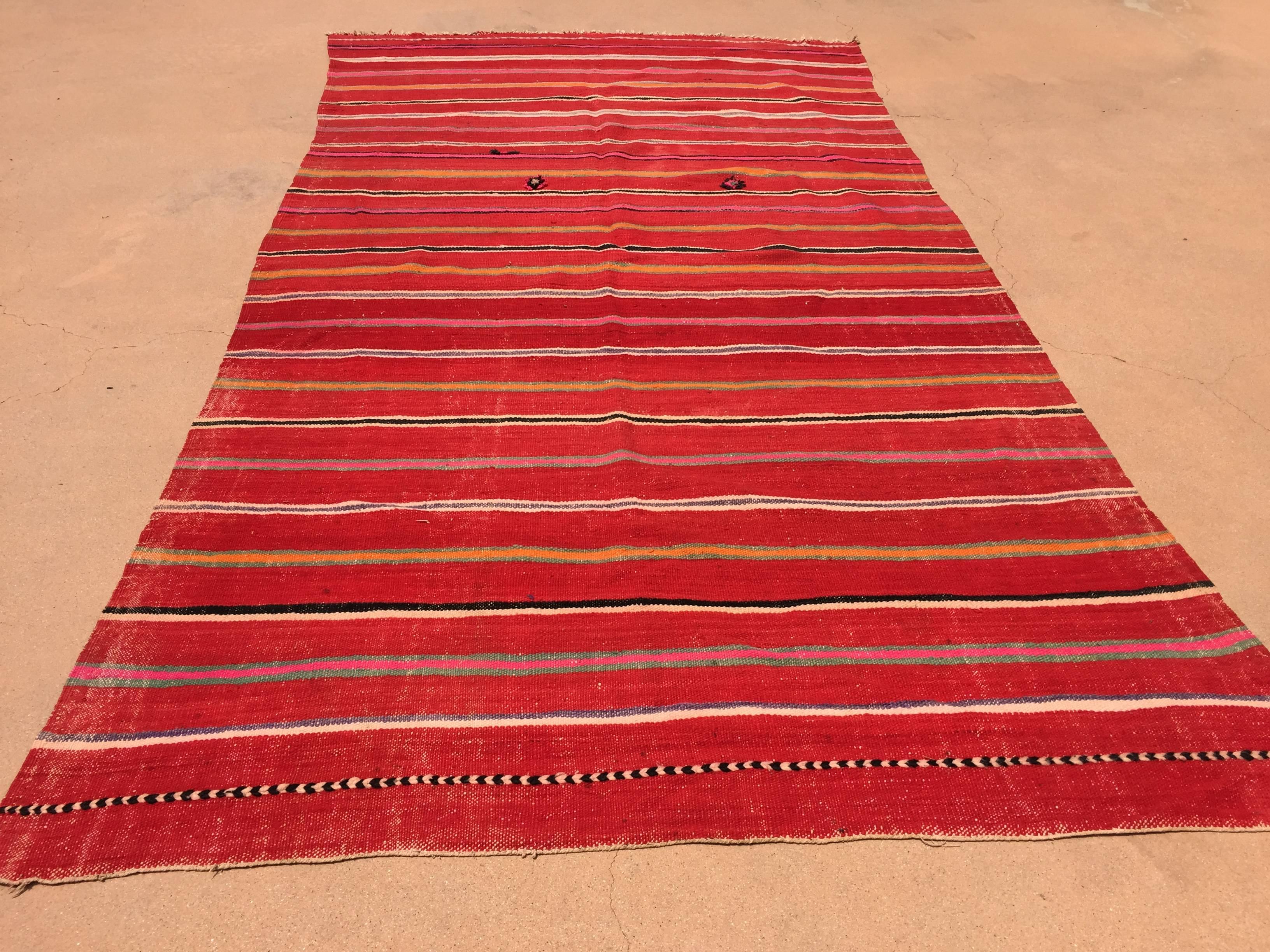 Hand-Woven Vintage Moroccan Flat-Weave Rug with Stripes For Sale