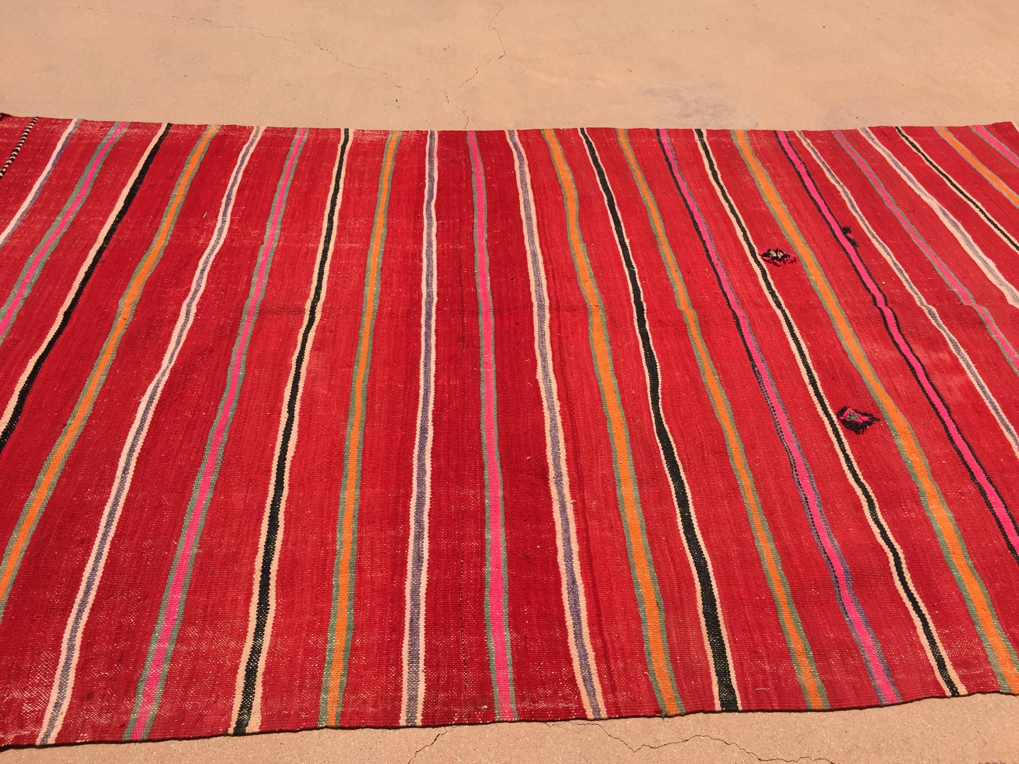 Wool Vintage Moroccan Flat-Weave Rug with Stripes For Sale