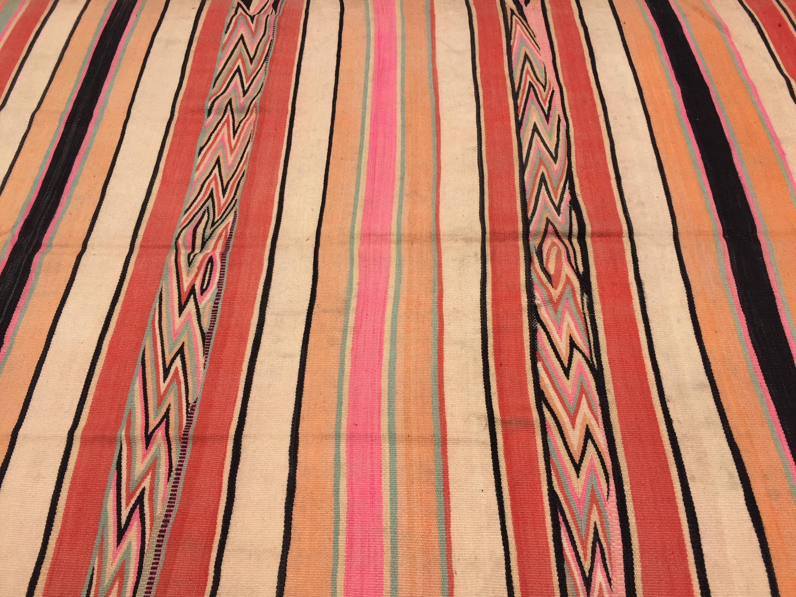 20th Century Moroccan Vintage Flat-Weave Stripe Rug For Sale