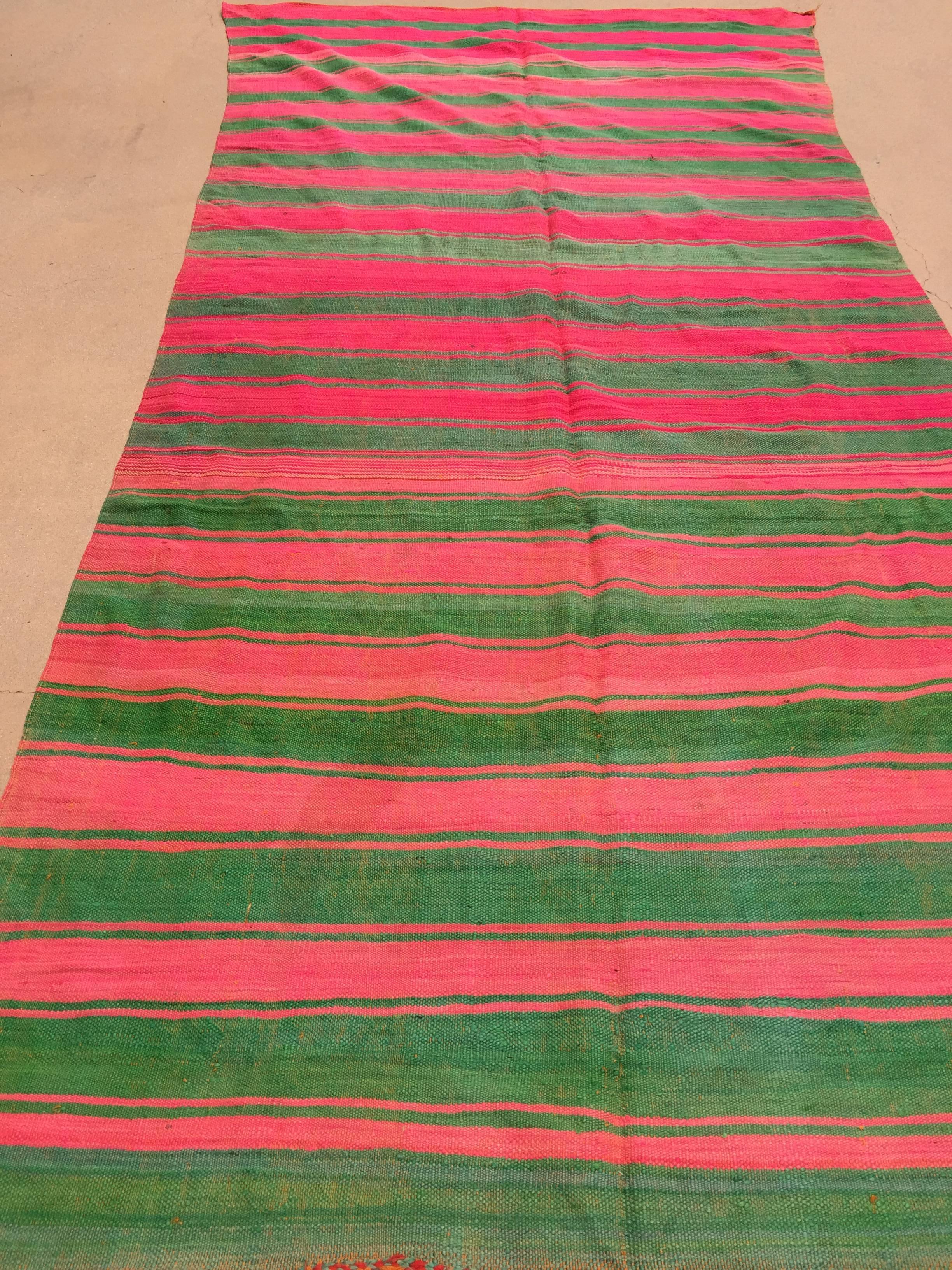 Tribal Moroccan Vintage Flat-Weave Rug Pink and Green