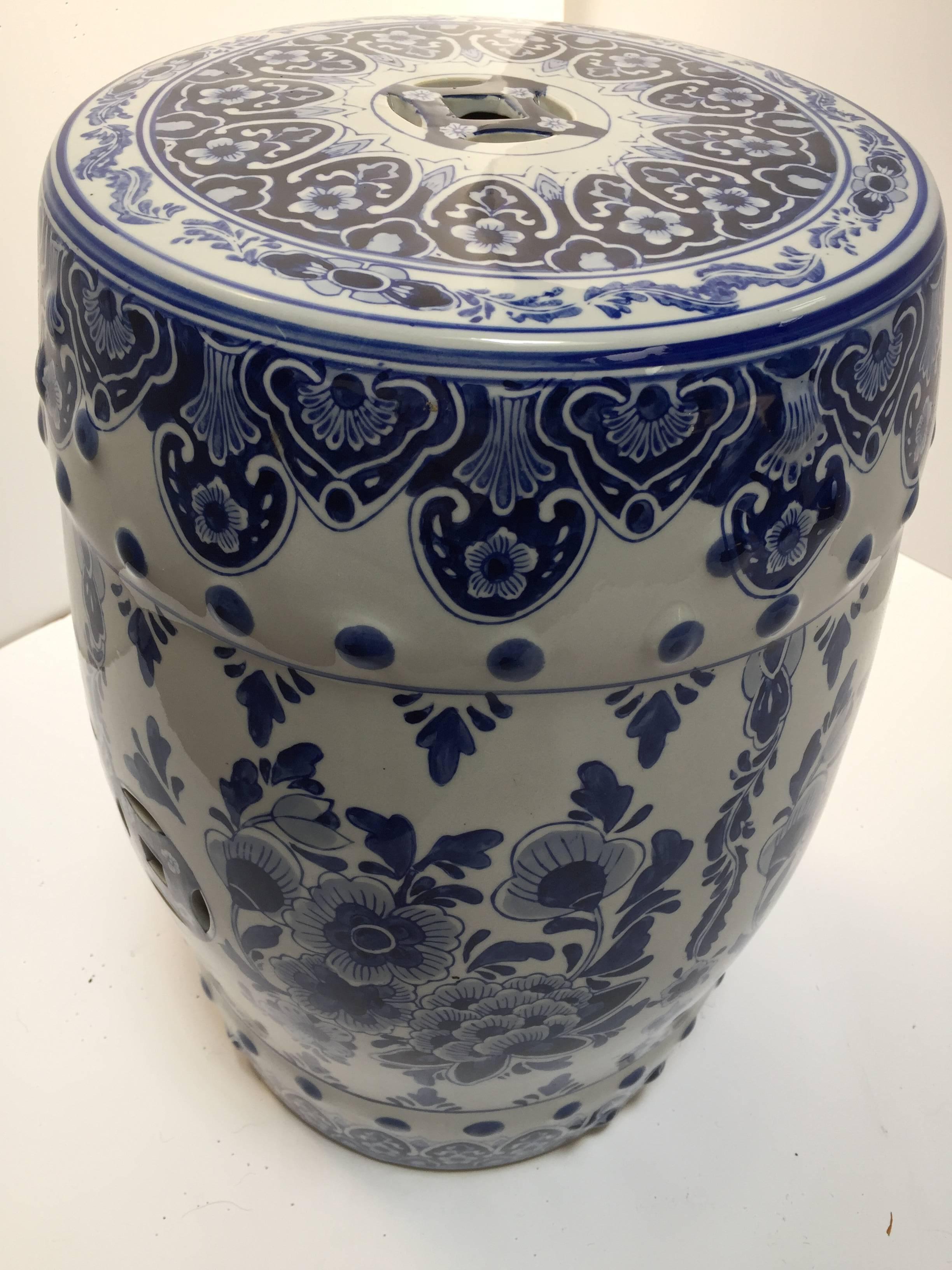 Blue and white Chinese ceramic garden stool with hand-painted striking floral chinoiserie art work.
Great to use indoor or outdoor as a stool or stand for plants.
Light and easy to carry around.
Measure: Top and bottom D is 11 in, widest part is