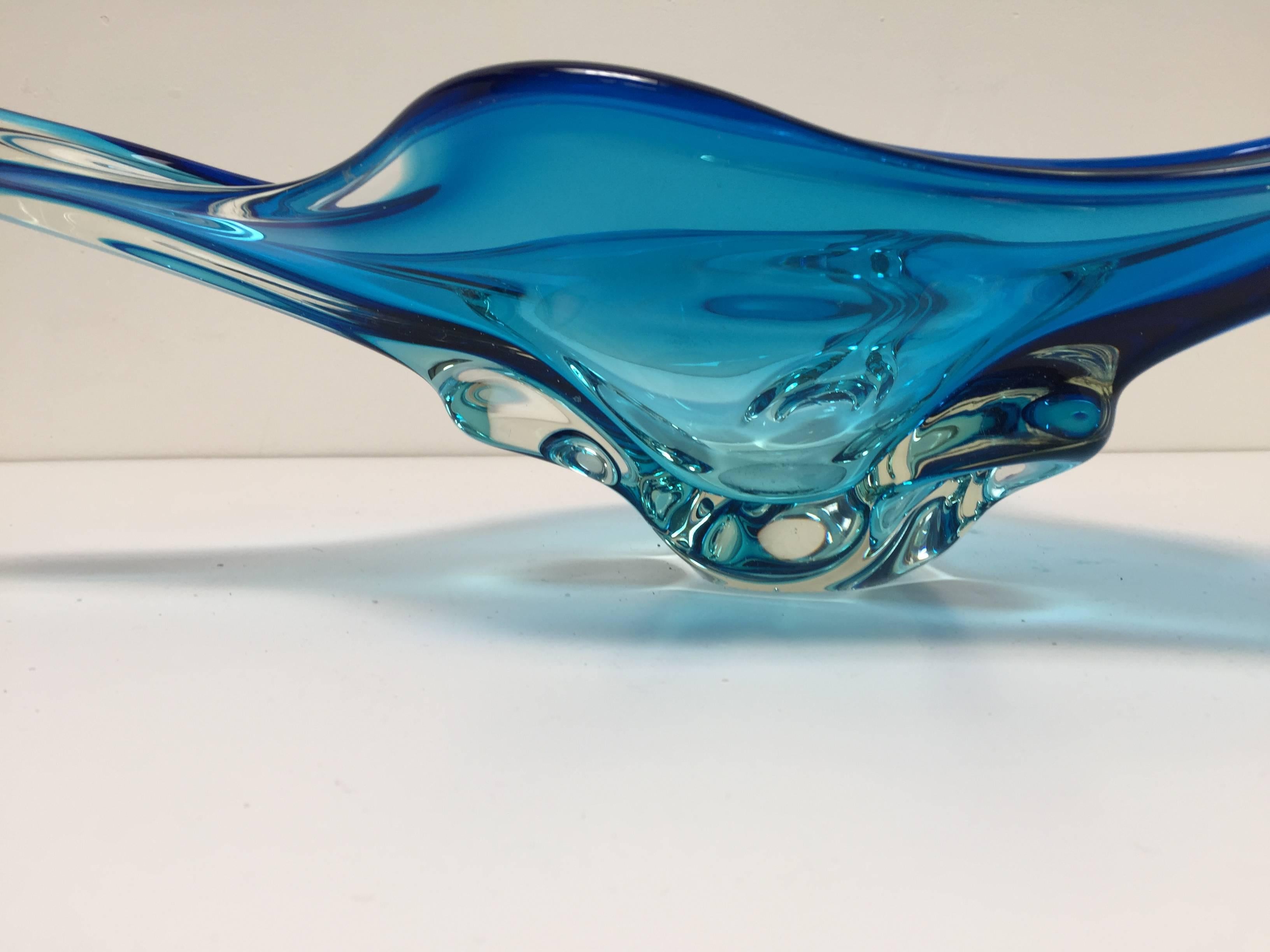 Italian Modern Blue Large Decorative Handblown Murano Glass Bowl