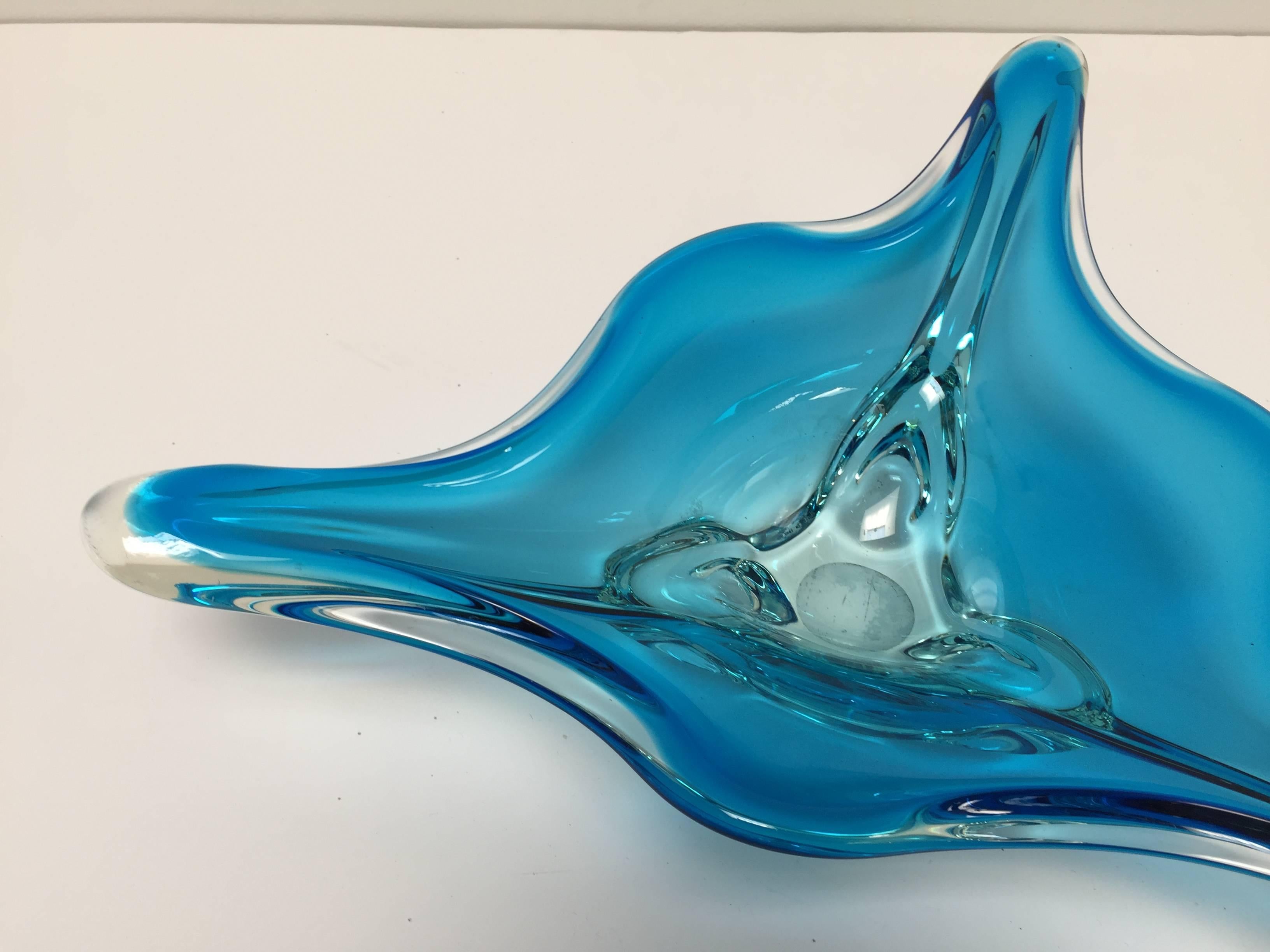 Hand-Crafted Modern Blue Large Decorative Handblown Murano Glass Bowl