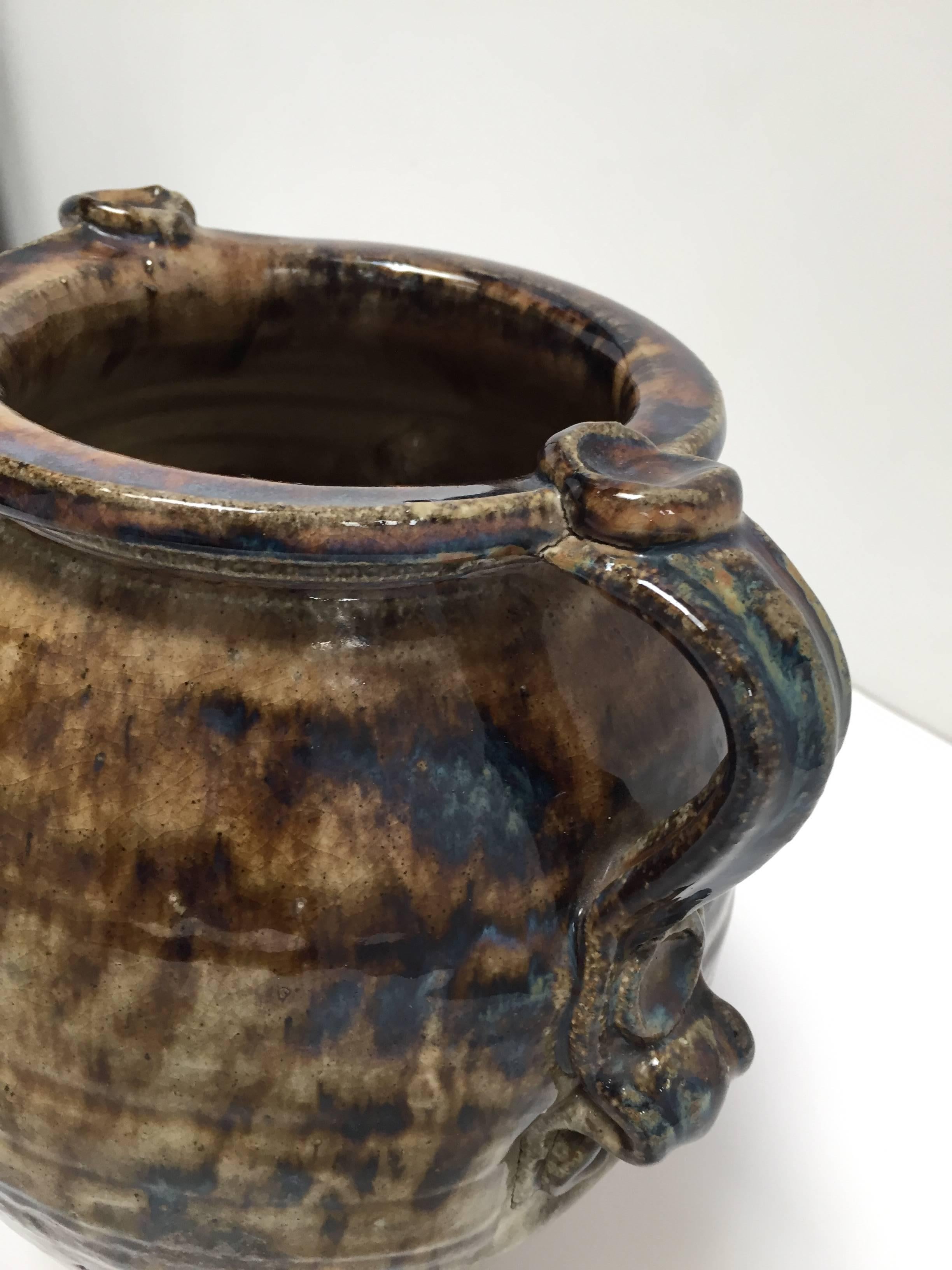 Folk Art Hand Thrown Stoneware Art Studio Jar in Blue and Brown