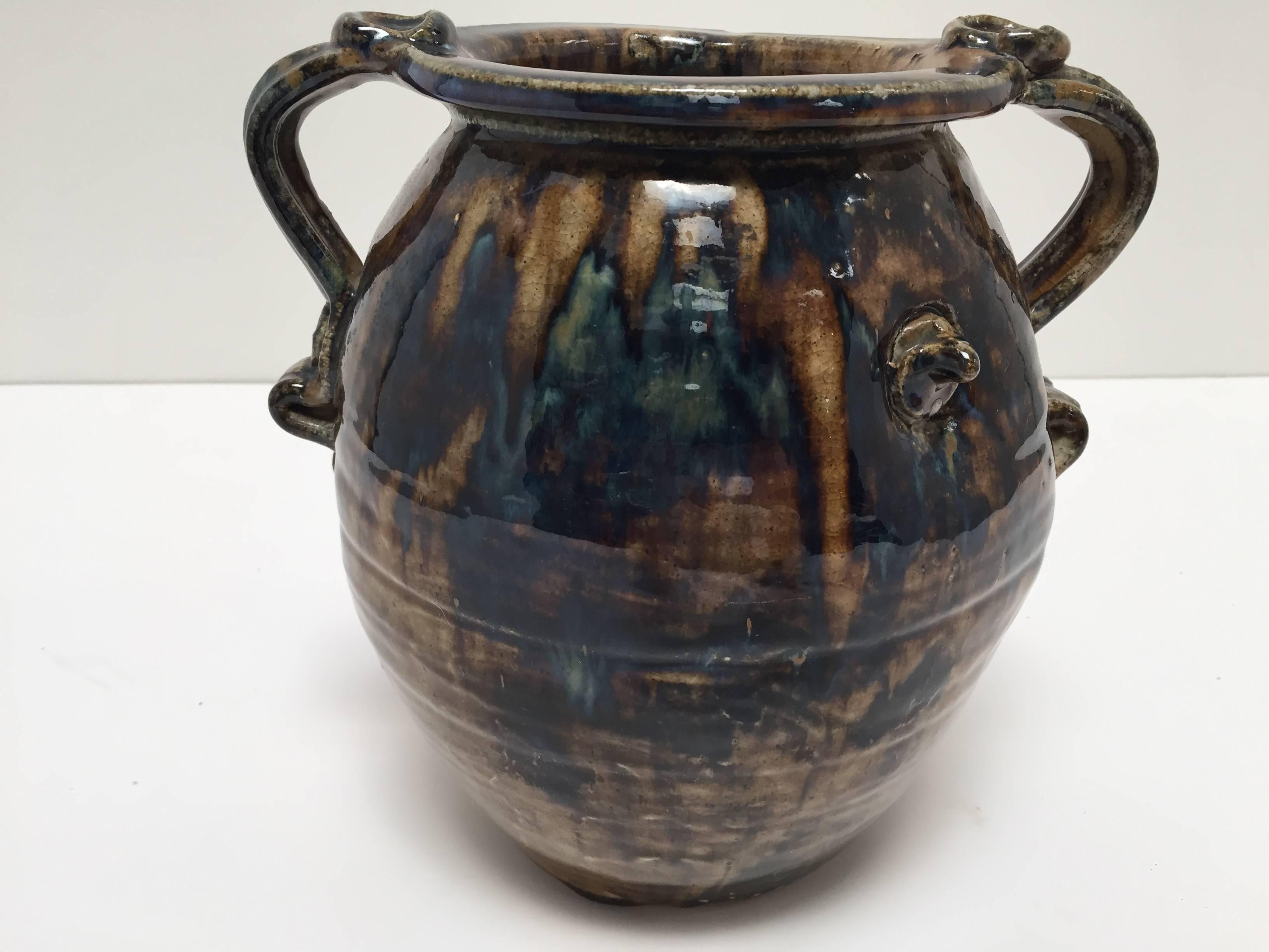 Hand Thrown Stoneware Art Studio Jar in Blue and Brown In Good Condition In North Hollywood, CA