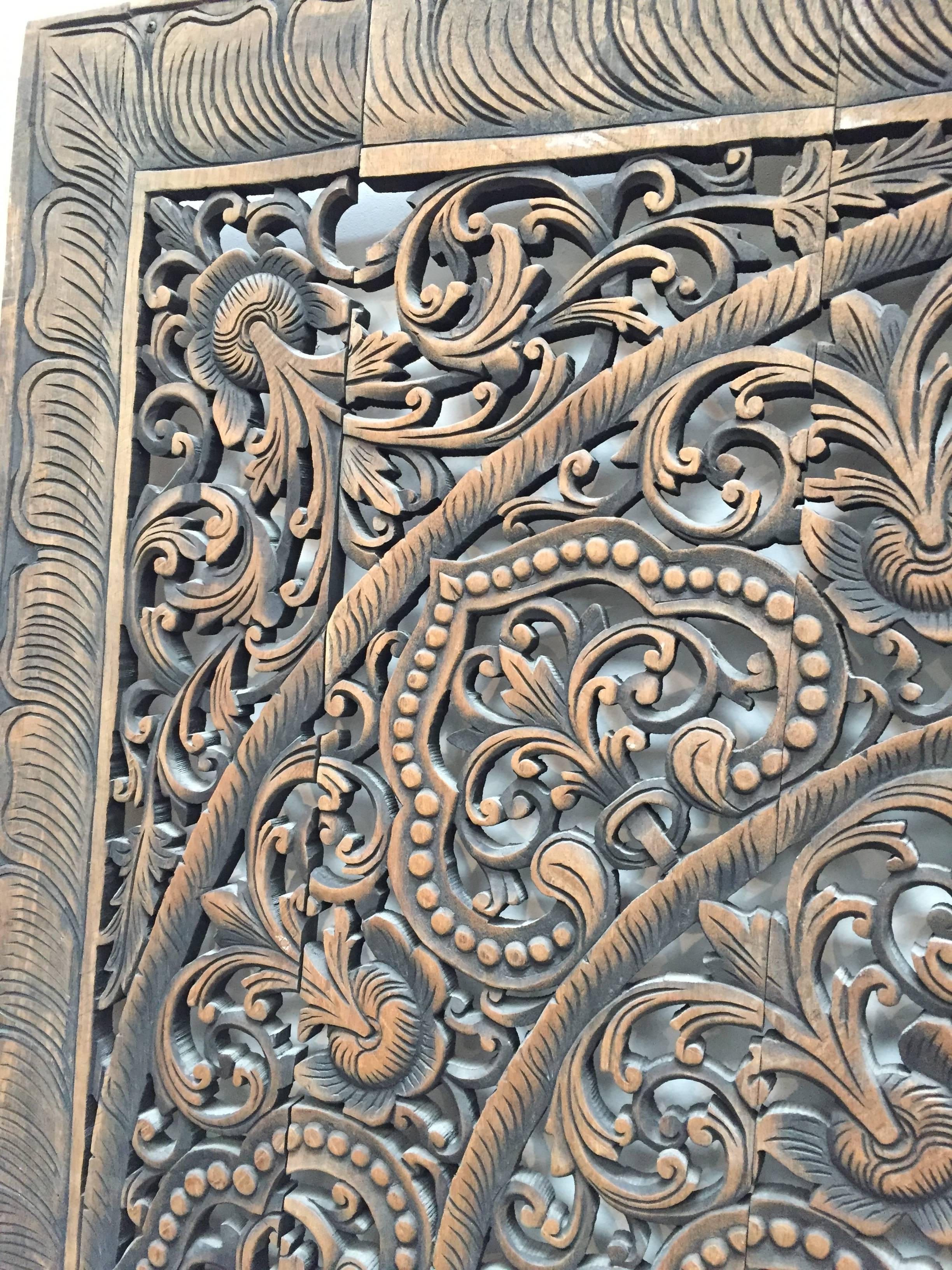 Hand-Carved Balinese Oversized Decorative Teak Wall or Ceiling Art Panel 1