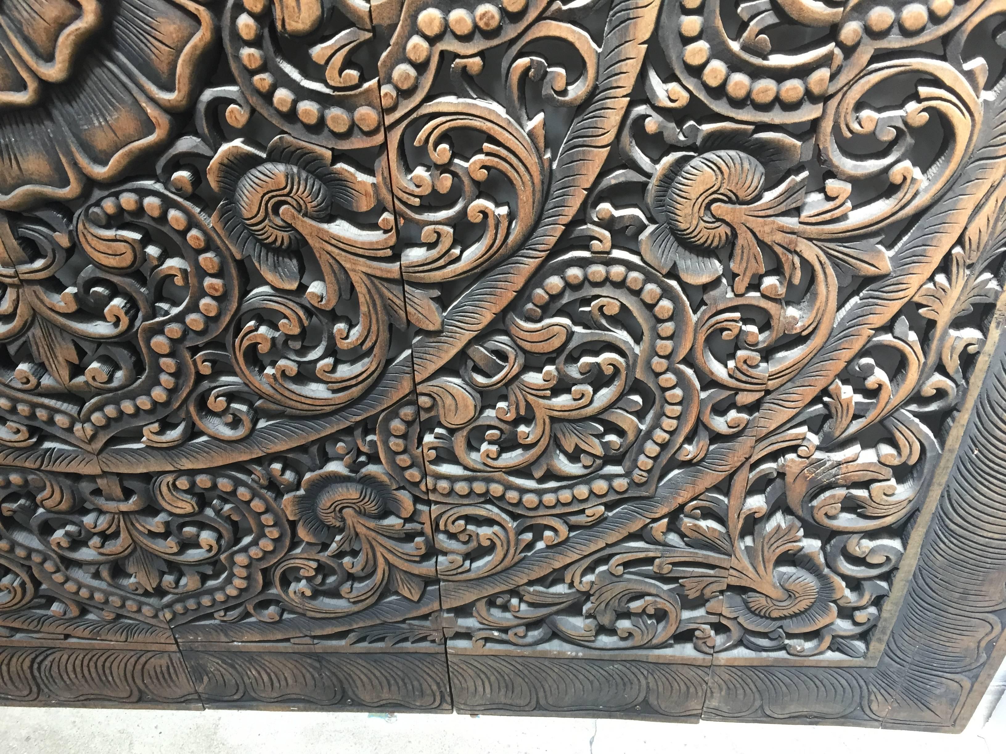 Hand-Carved Balinese Oversized Decorative Teak Wall or Ceiling Art Panel In Good Condition In North Hollywood, CA