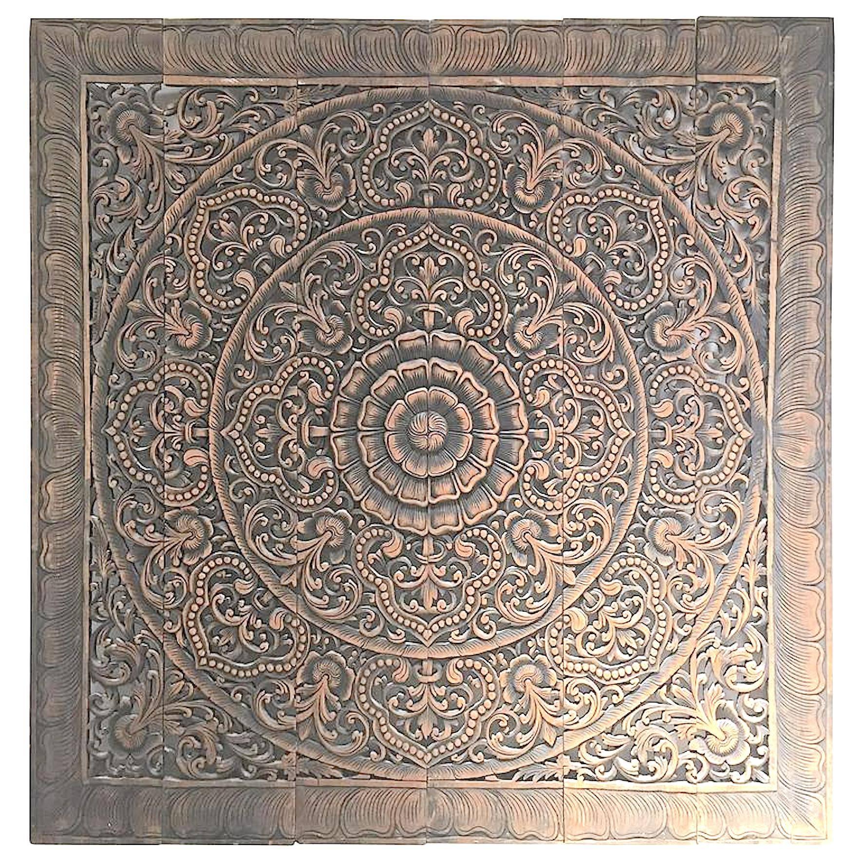 Hand-Carved Balinese Oversized Decorative Teak Wall or Ceiling Art Panel 2