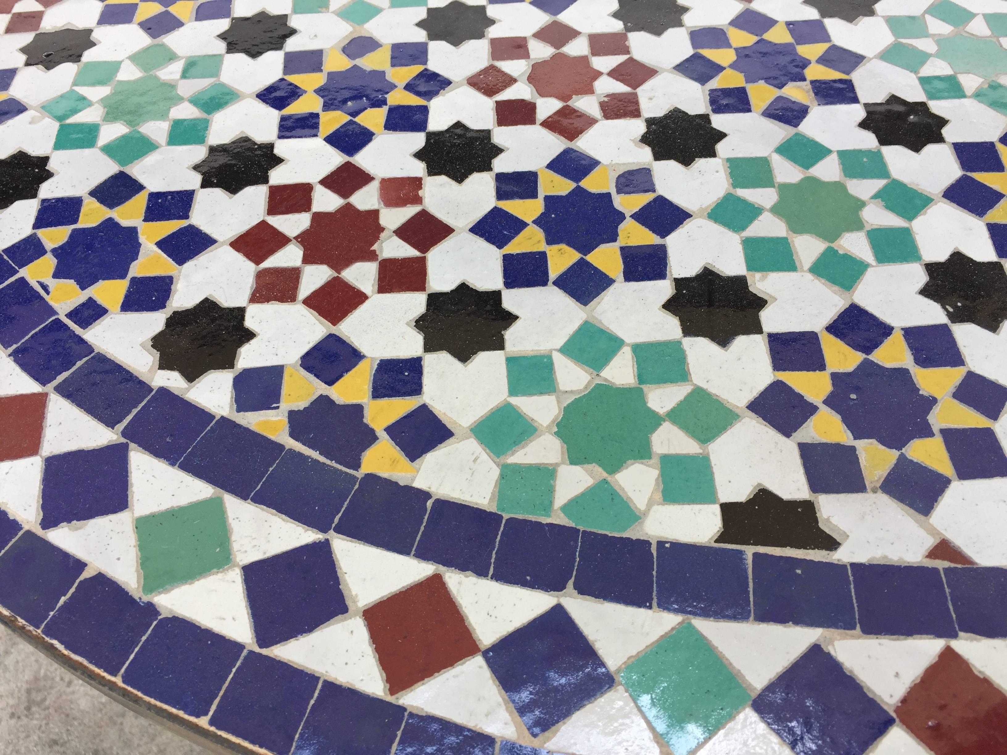 Ceramic Moroccan Round Mosaic Tile Outdoor Table in Moorish Fez Design