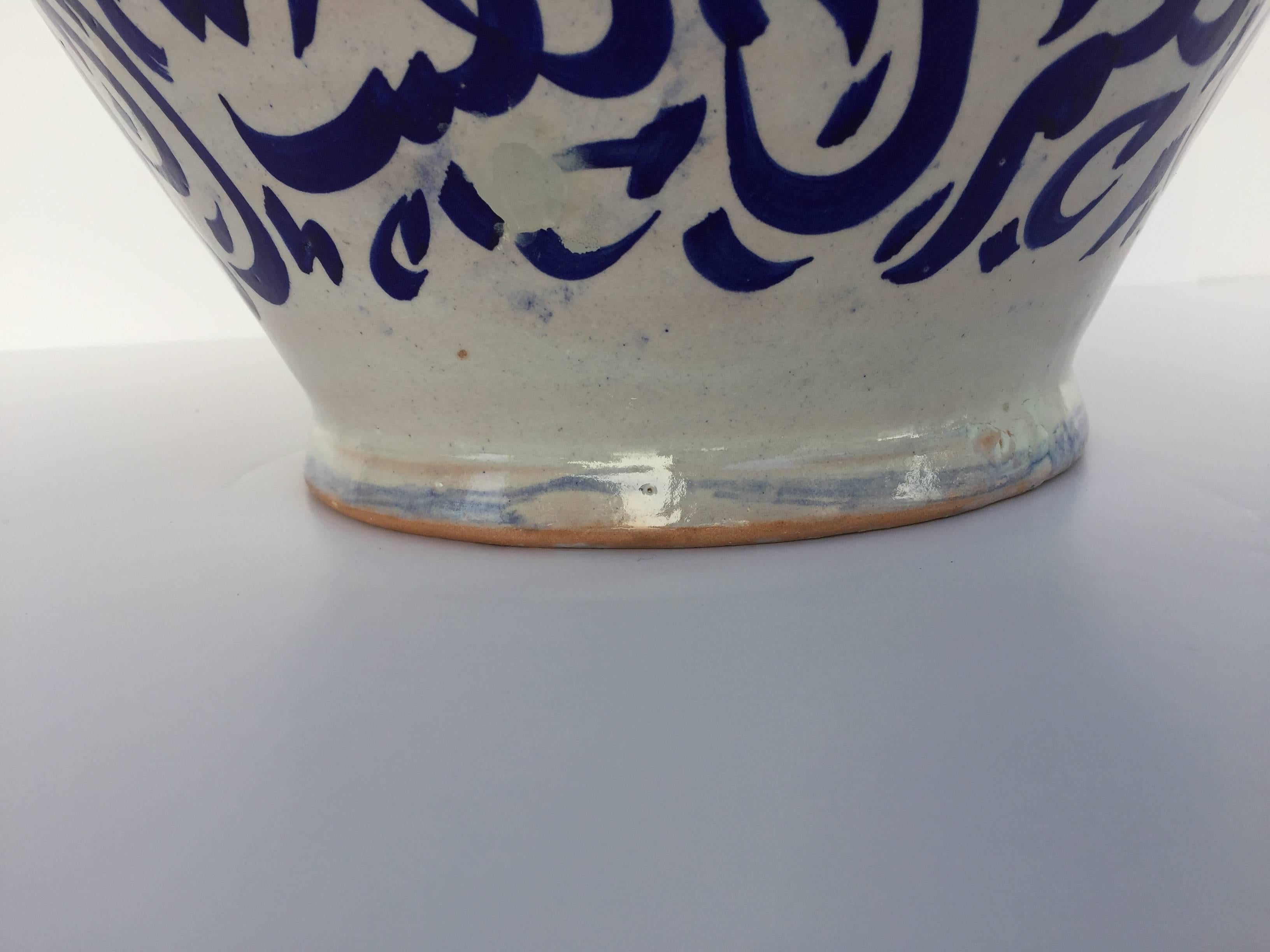 Hand-Crafted Large Moroccan Ceramic Vase from Fez with Blue Calligraphy Writing