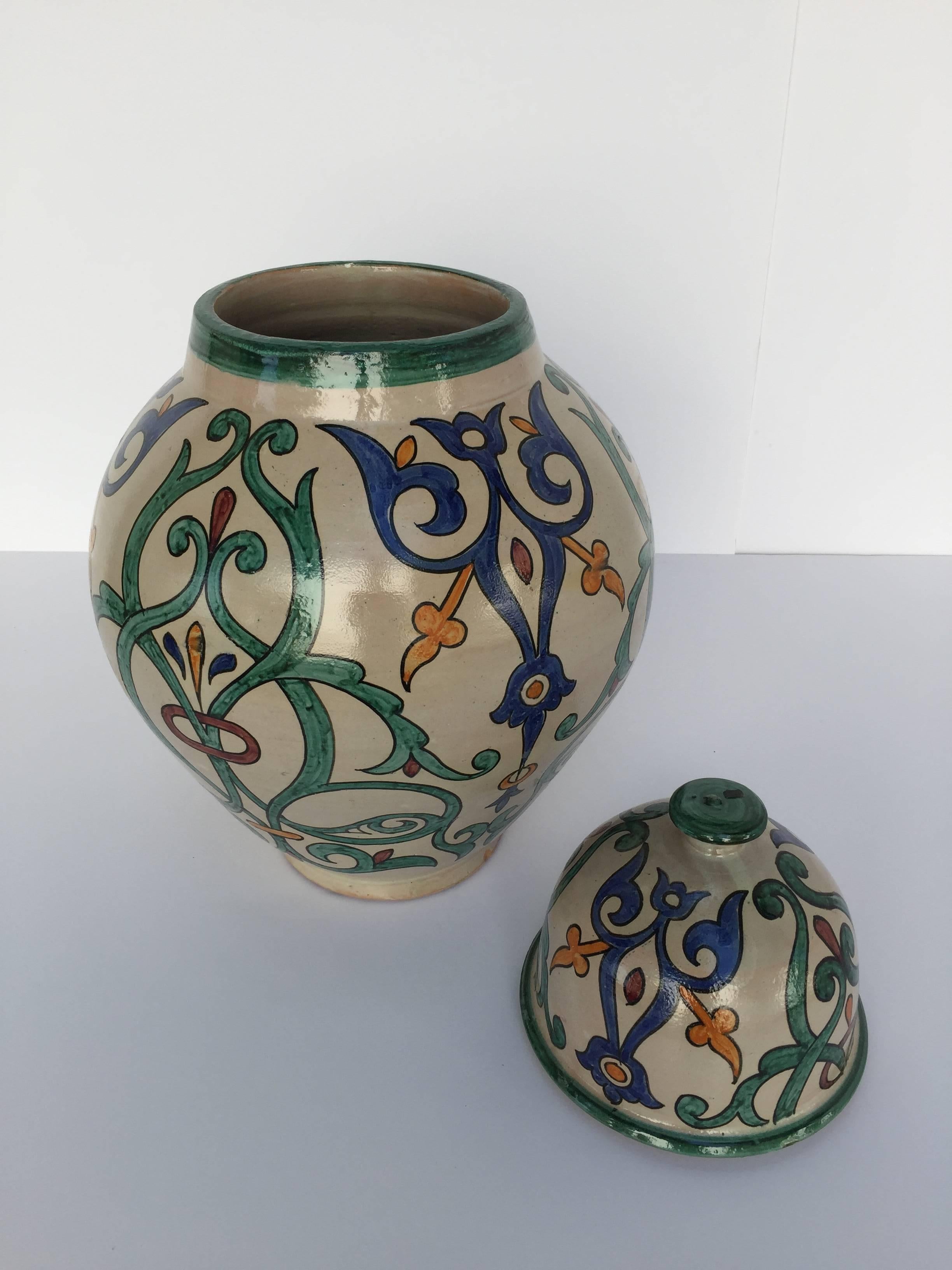 Hand-Crafted Moroccan Handcrafted Ceramic Lidded Urn from Fez with Moorish Design