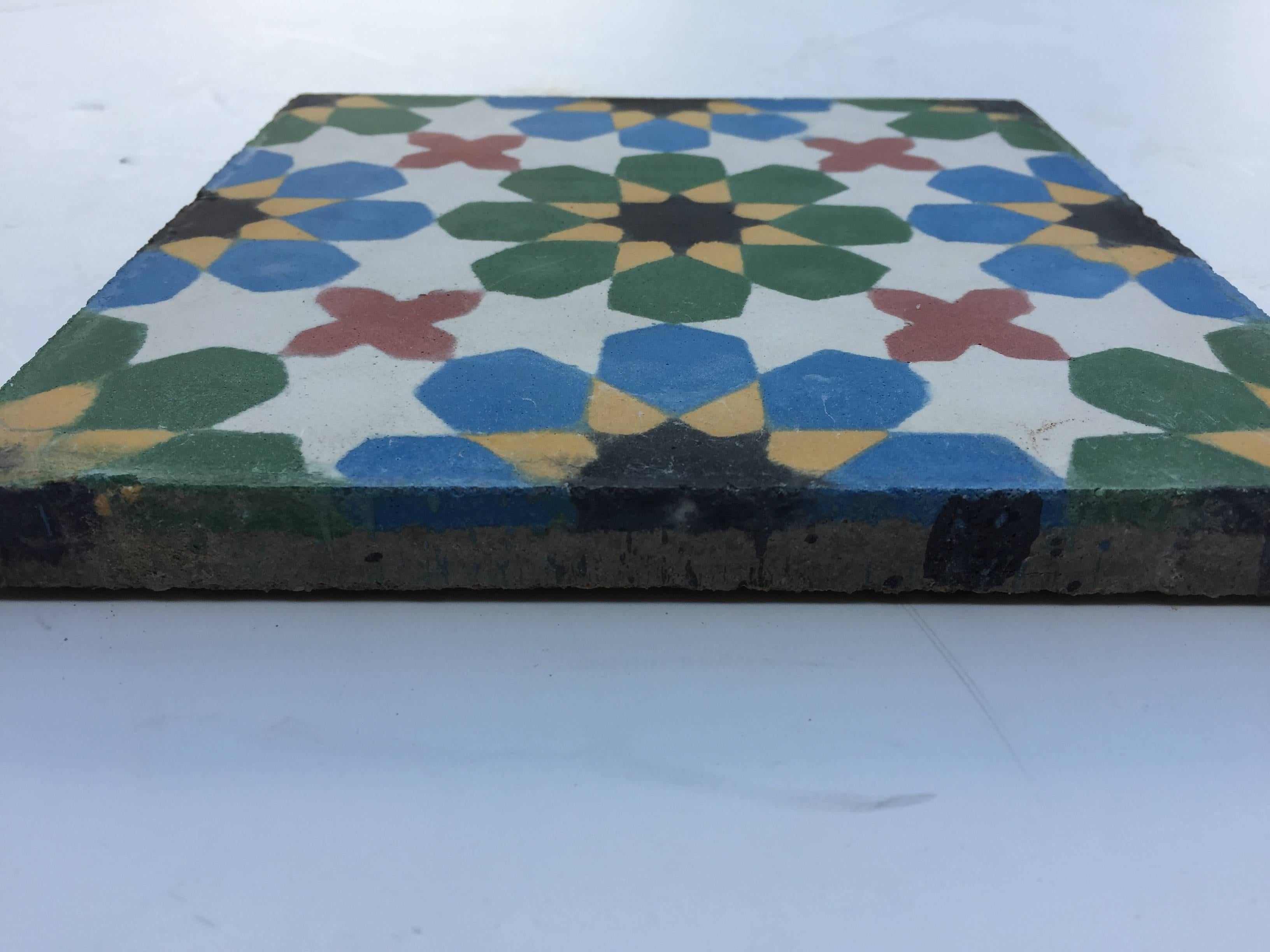 Moroccan handcrafted and hand-painted cement tile with traditional Fez Moorish Design.
Moroccan Hand-Painted Cement Tile with Traditional Fez Design
These are authentic Moroccan encaustic tiles hand made by artisans in Fez Morocco. This is the