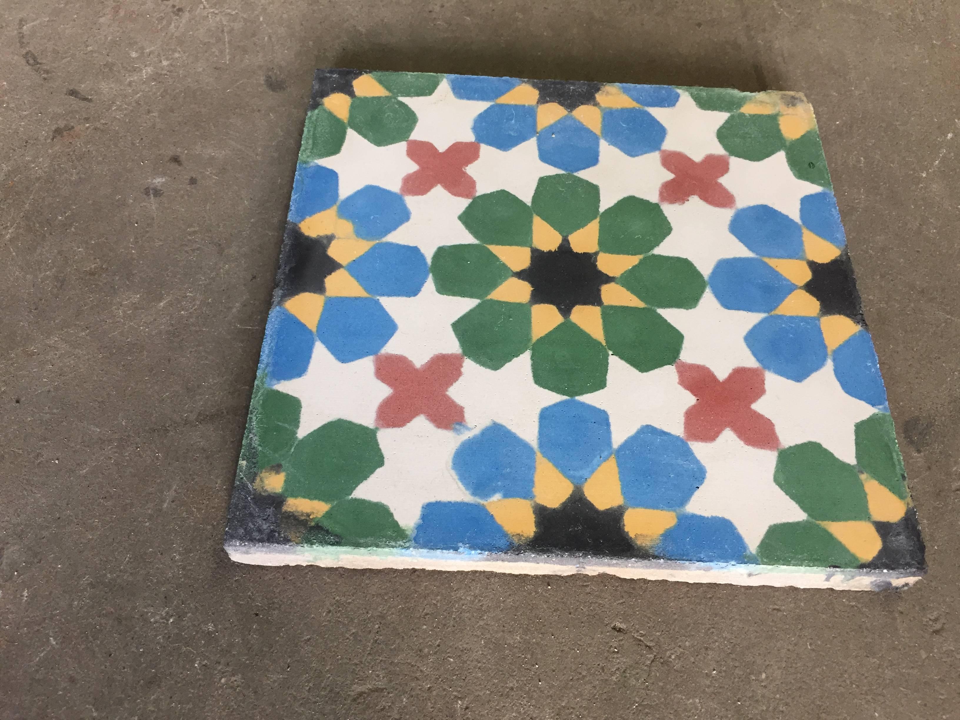 Moroccan Hand-Painted Cement Tile with Traditional Fez Moorish Design In Good Condition In North Hollywood, CA