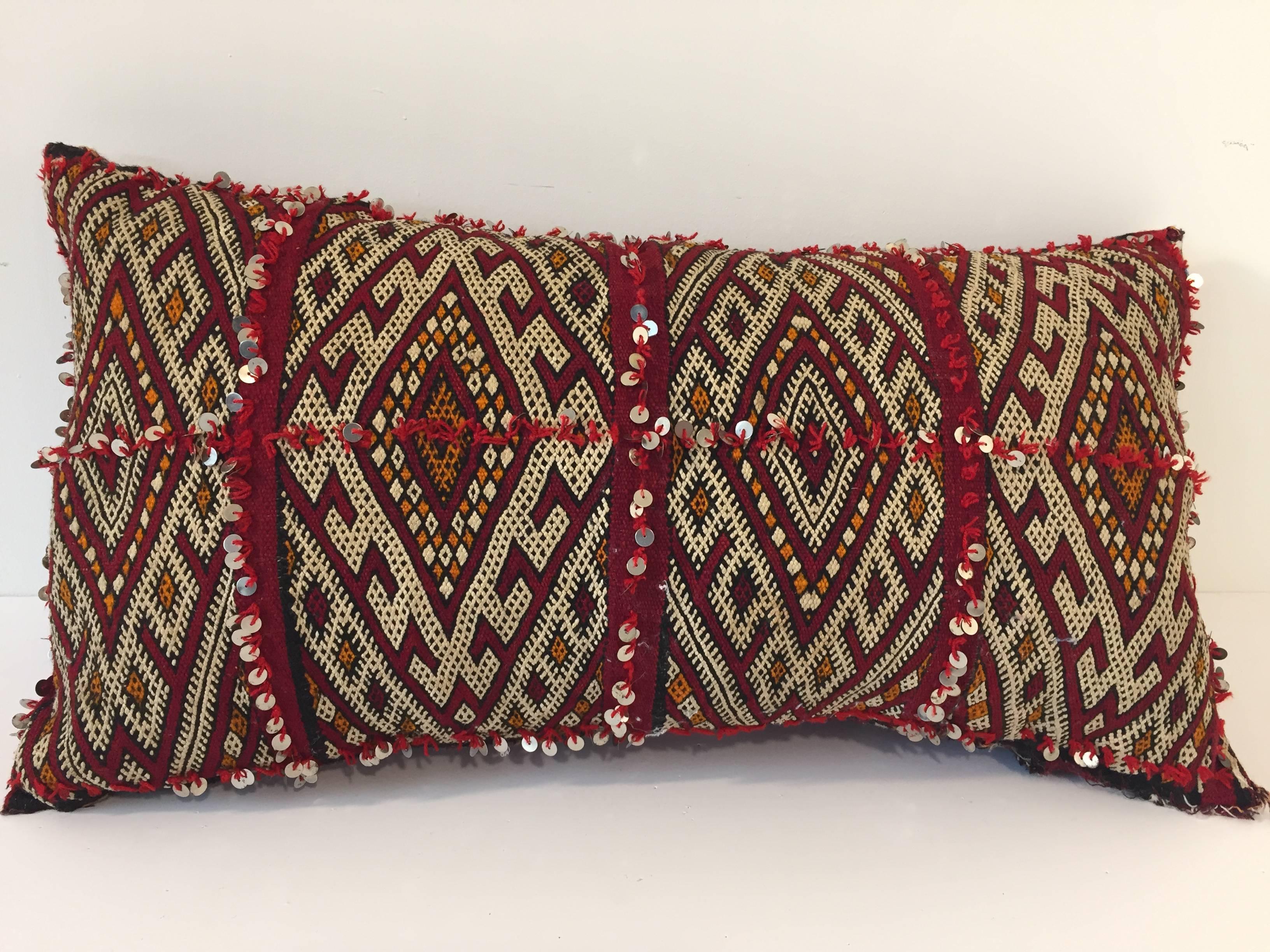 Hand-Woven Moroccan Tribal Pillow Red with Sequins