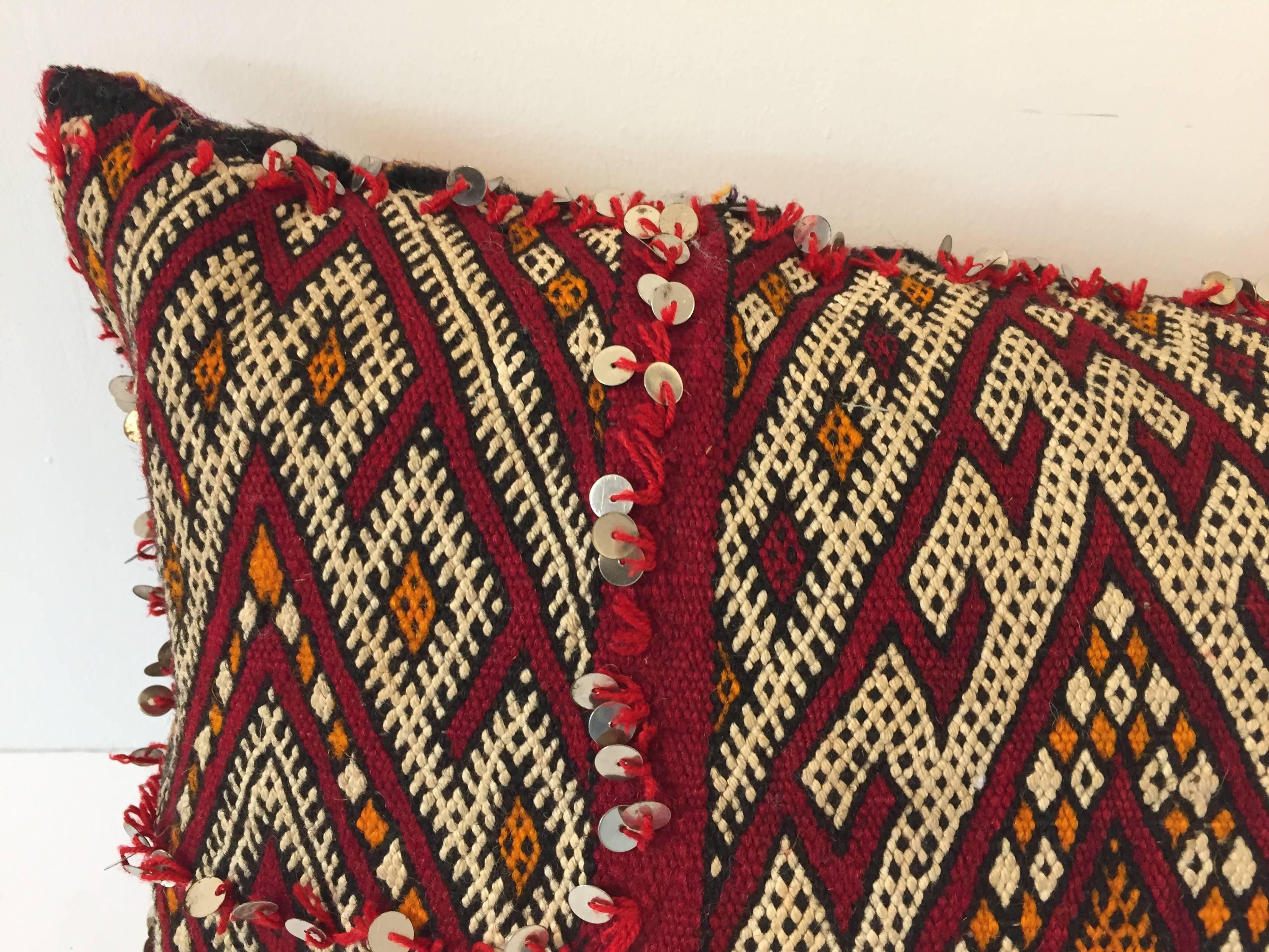 Moroccan Tribal Pillow Red with Sequins In Good Condition In North Hollywood, CA