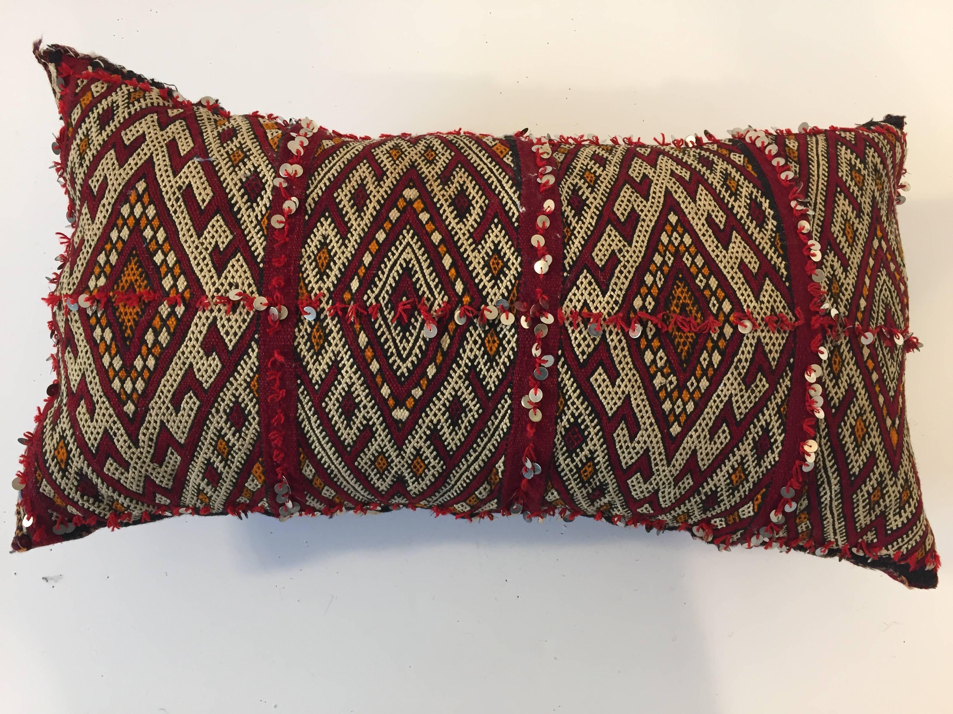 Wool Moroccan Tribal Pillow Red with Sequins