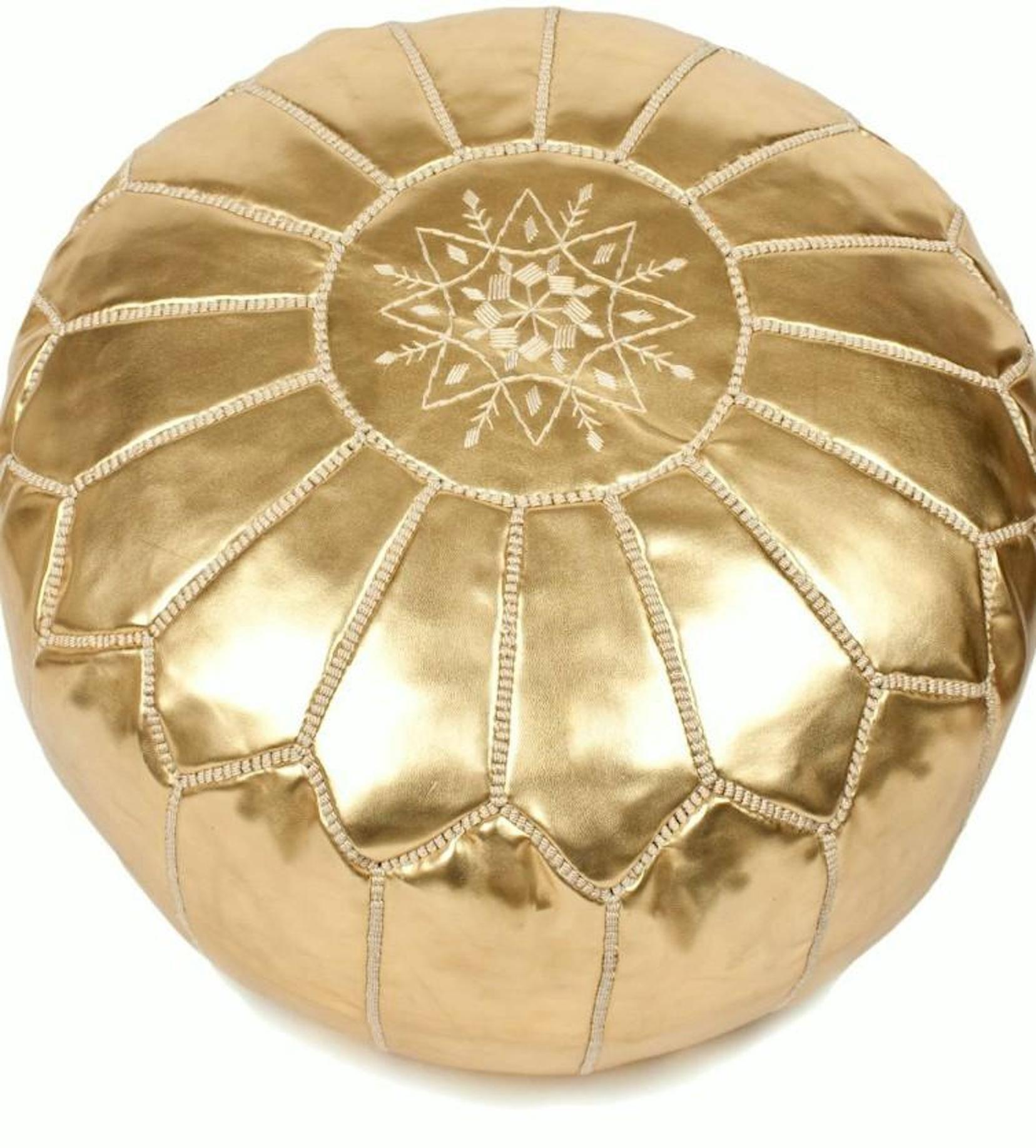Moroccan gold color round pouf hand tooled and embroidered in Marrakesh.
Beautiful geometrical designs are hand-stitched on this Moroccan stool by expert Artisan.
Use these round handcrafted poufs as ottoman or accent side table, they will add the