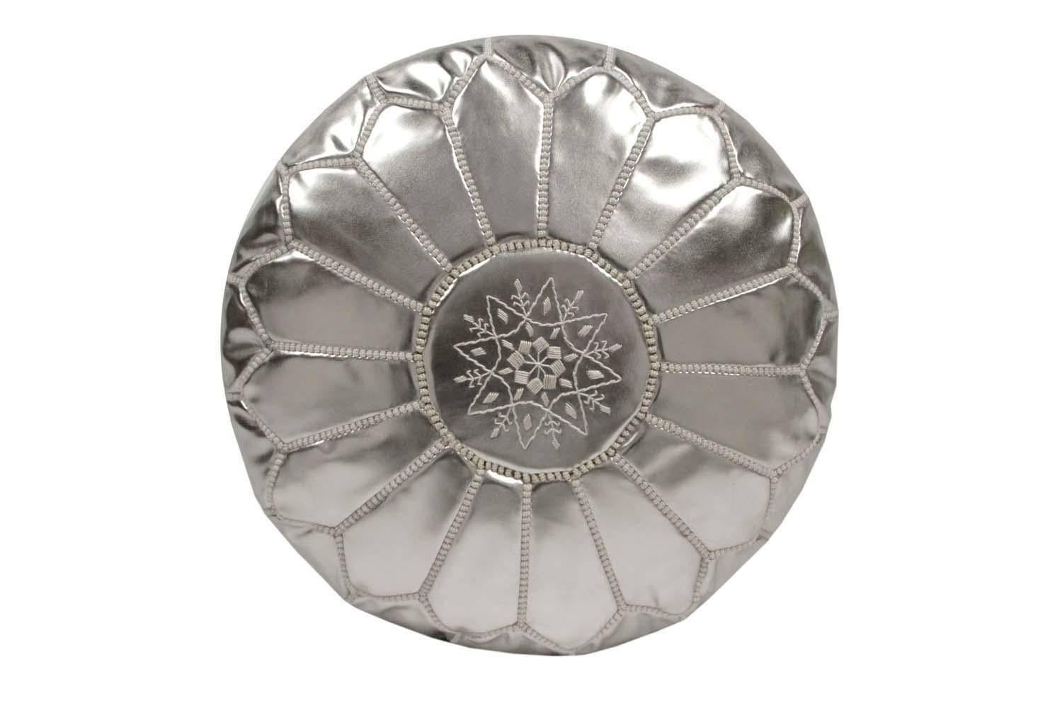 Moroccan silver metallic color round pouf hand tooled and embroidered in Marrakesh. 
Beautiful geometrical designs are hand-stitched on this Moroccan stool by expert Artisan. 
Use these round handcrafted poufs as ottoman or accent side table, they
