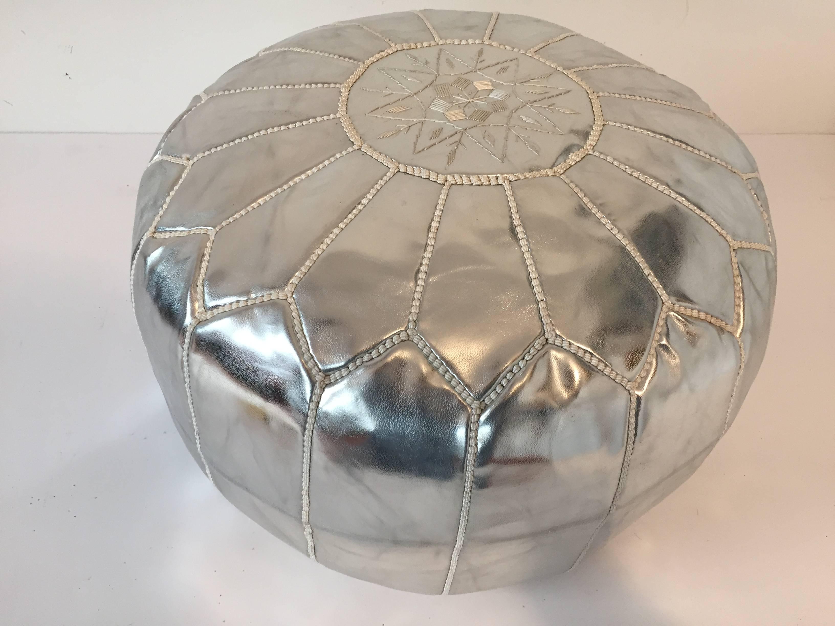 20th Century Moroccan Silver Hand Tooled Round Pouf Ottoman For Sale