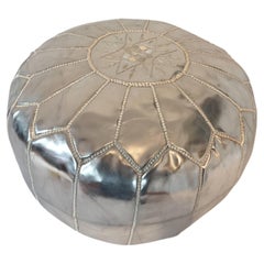 Moroccan Silver Faux Leather Pouf, Hand-Crafted Moorish Design