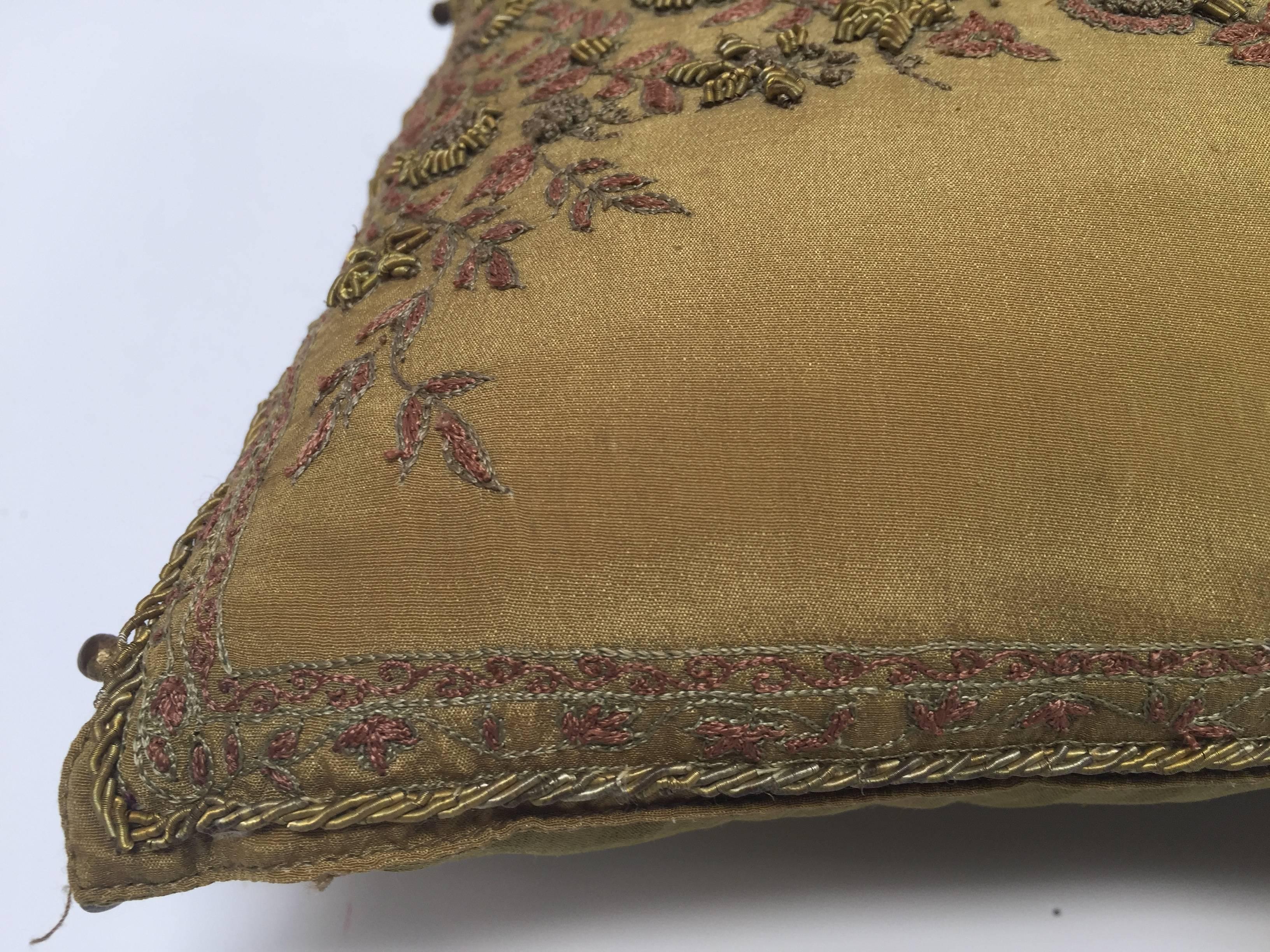 Islamic Silk Throw Pillow Embroidered with Raised Metallic Embroidery