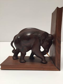 Hand-Carved Wooden Elephant Bookends, circa 1950
