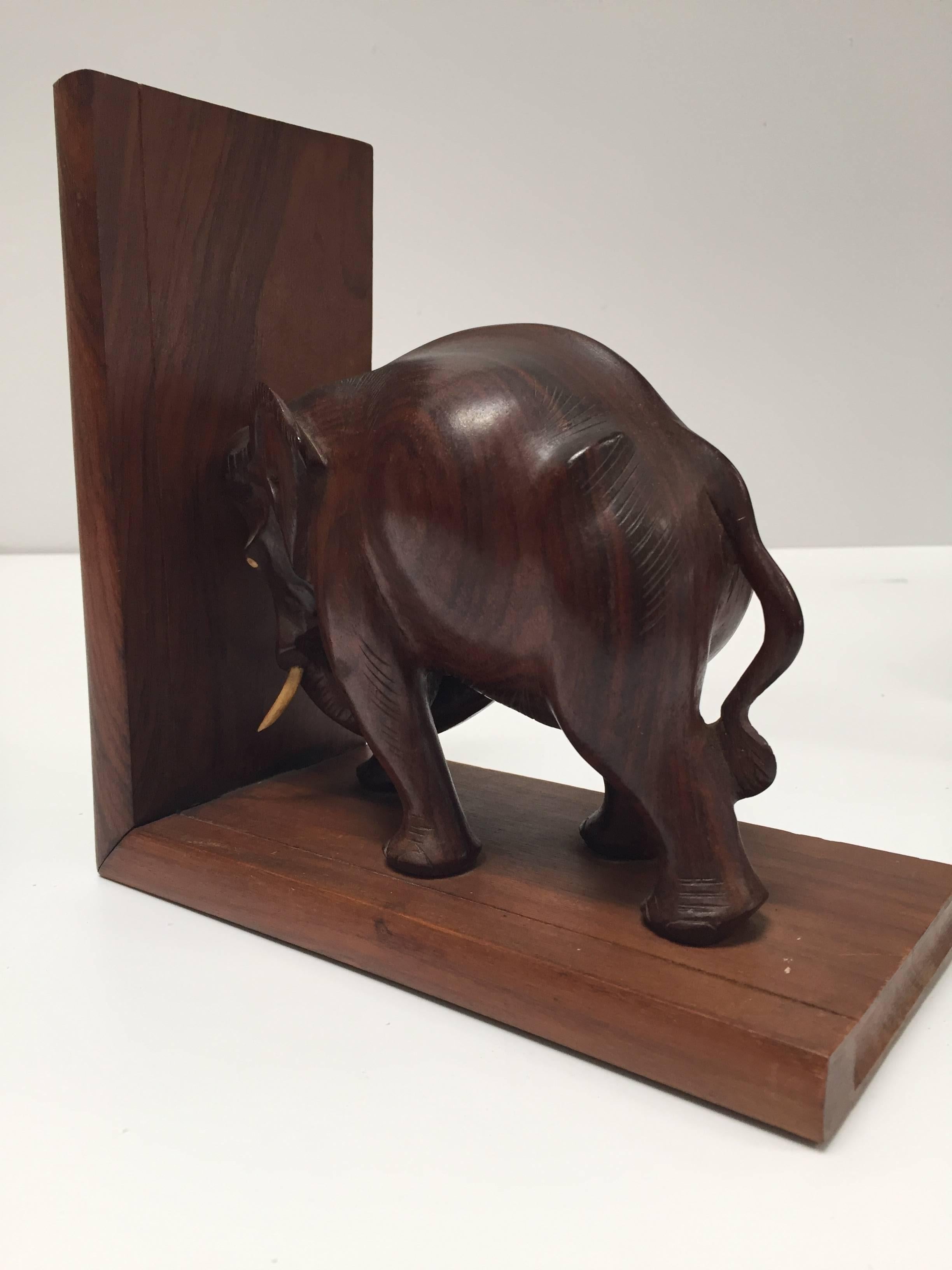 Anglo Raj Hand-Carved Wooden Elephant Bookends, circa 1950