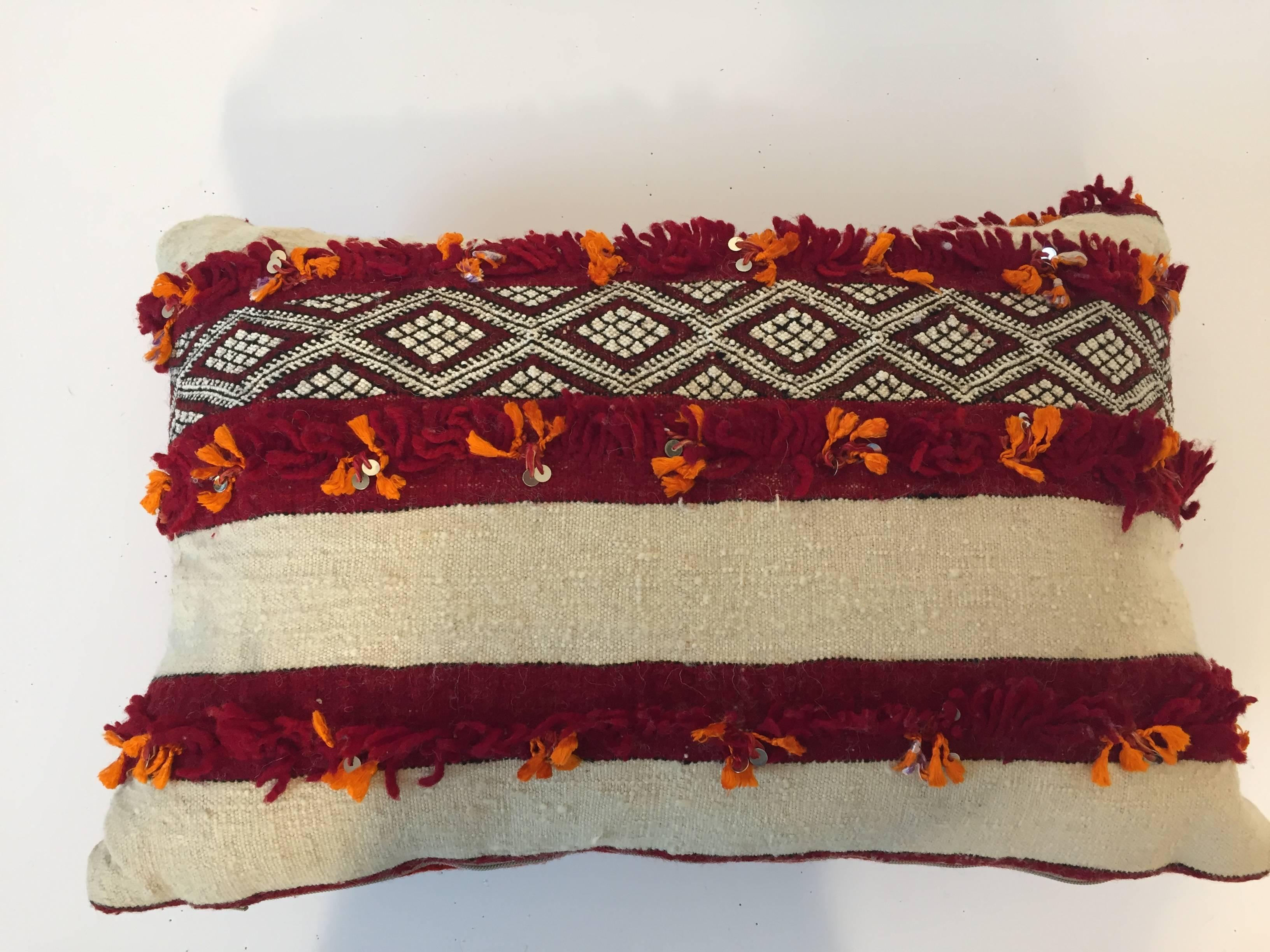Wool Moroccan Berber Pillow with Tribal Designs Red and Ivory Color