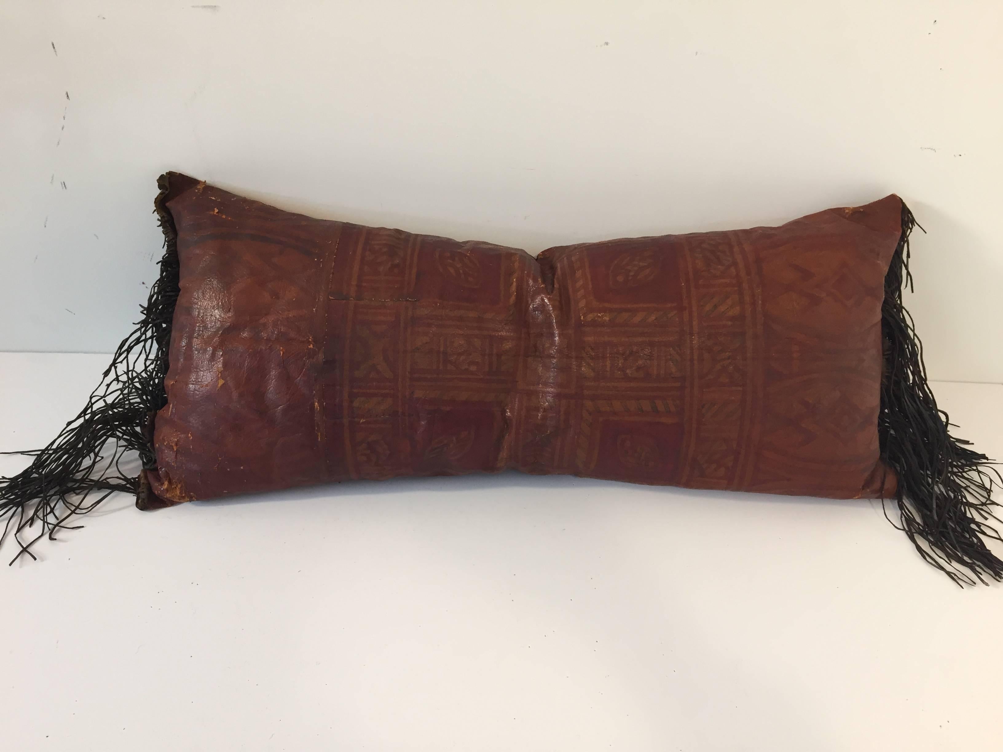 African Tuareg Leather Pillow with Fringes In Good Condition In North Hollywood, CA