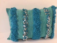Moroccan Aqua Blue Pillow with Silver Sequins and Long Fringes