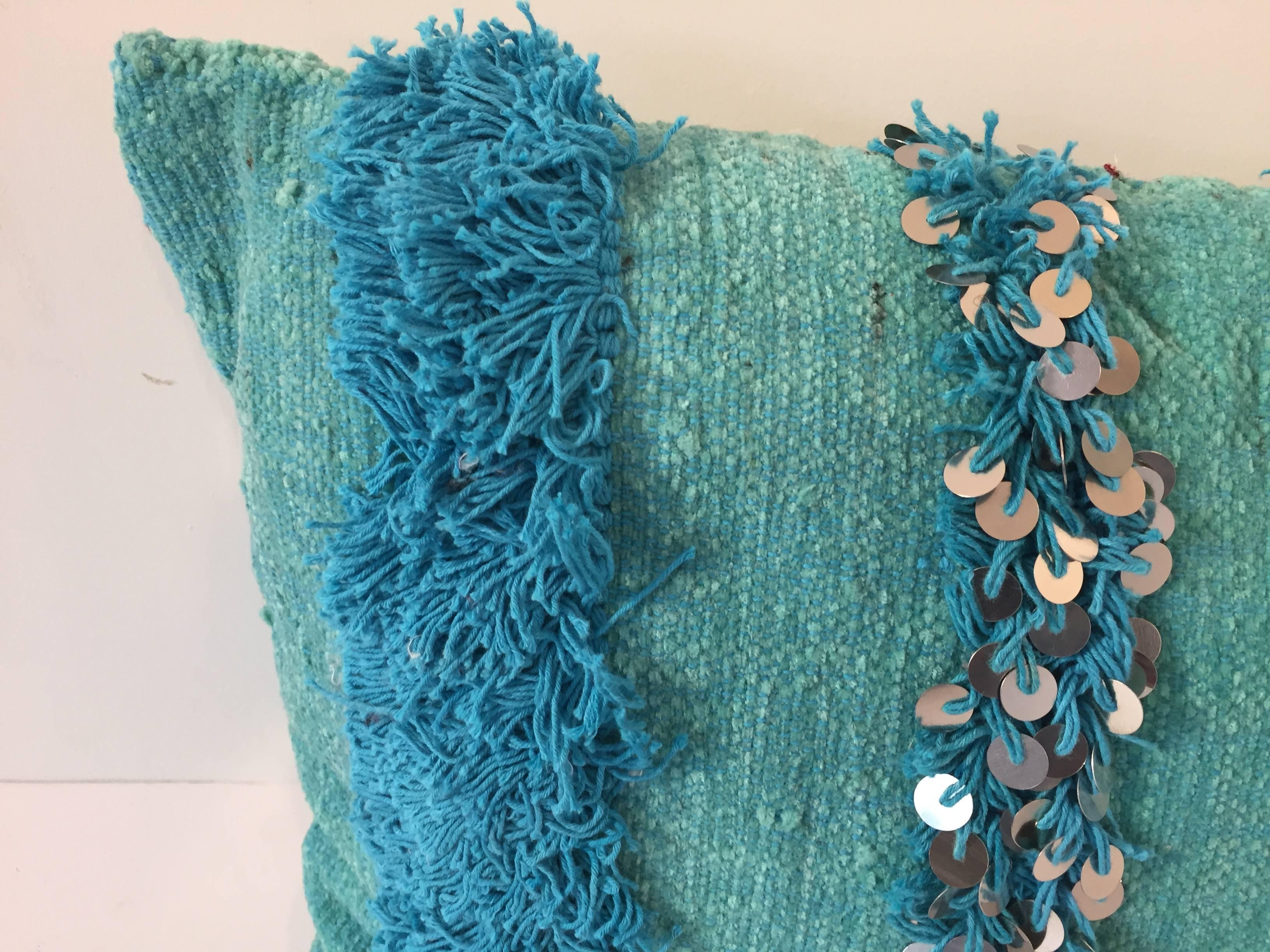Bohemian Moroccan Aqua Blue Pillow with Silver Sequins and Long Fringes