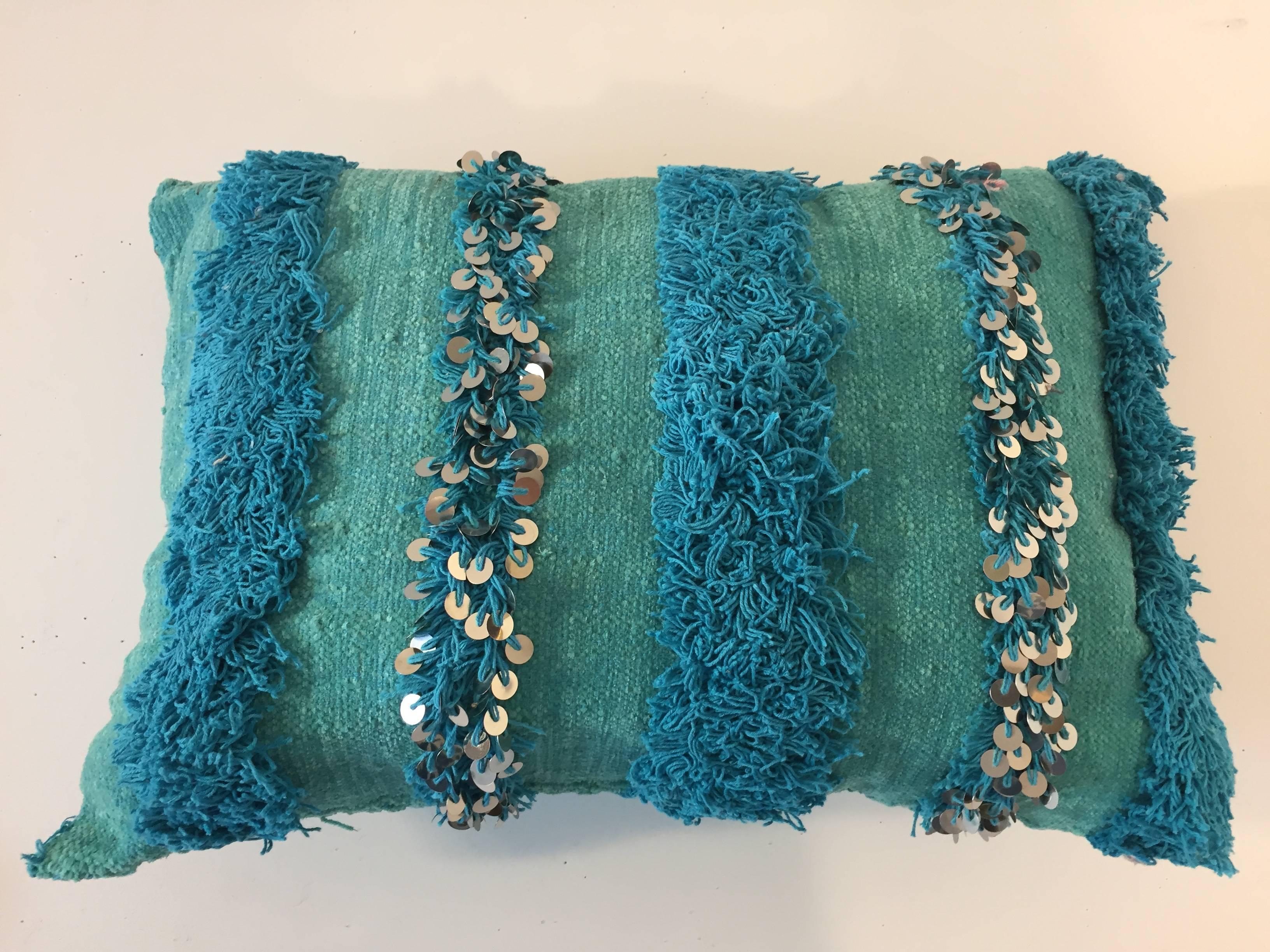 20th Century Moroccan Aqua Blue Pillow with Silver Sequins and Long Fringes