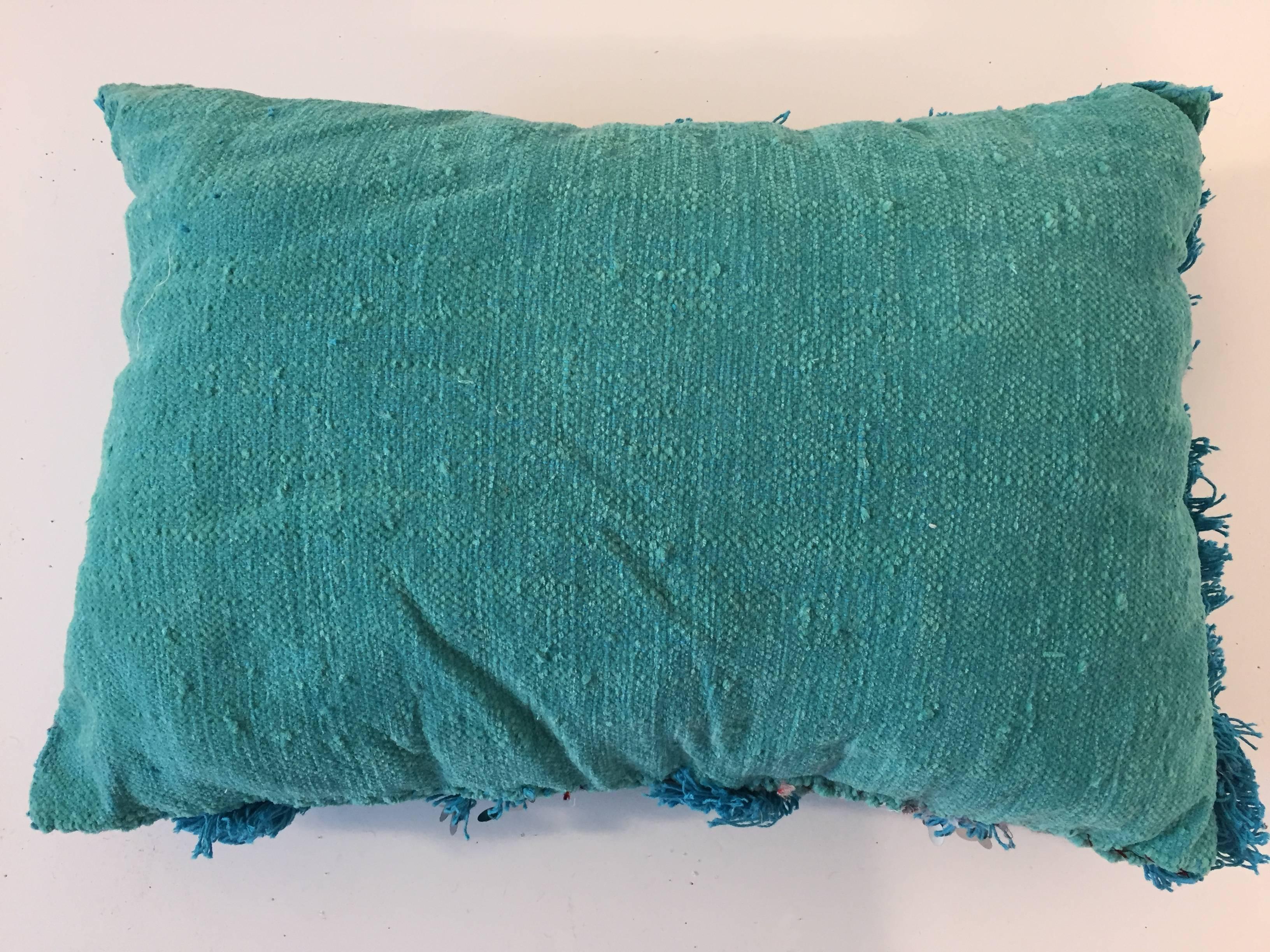 Wool Moroccan Aqua Blue Pillow with Silver Sequins and Long Fringes