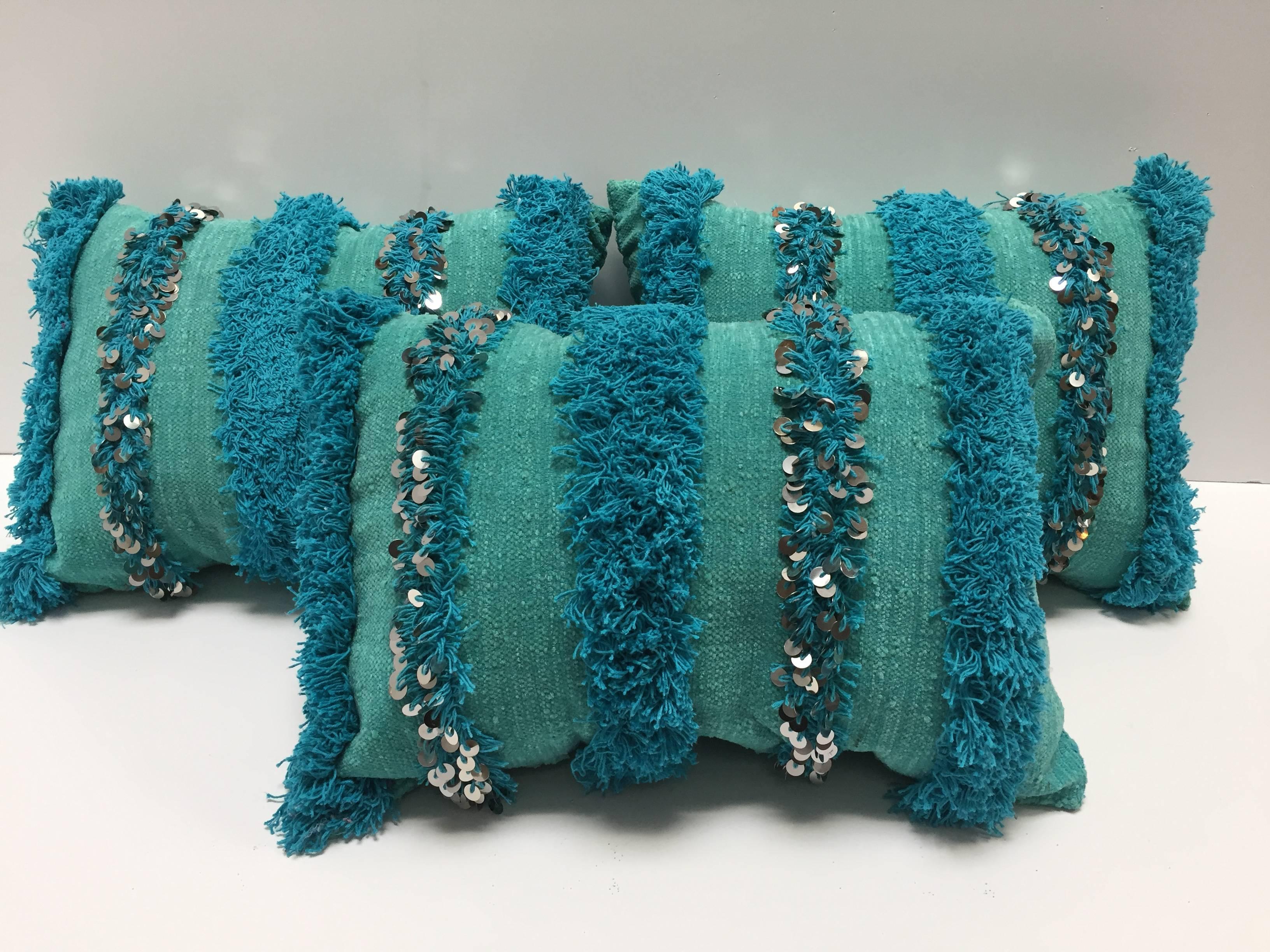Moroccan Aqua Blue Pillow with Silver Sequins and Long Fringes 1