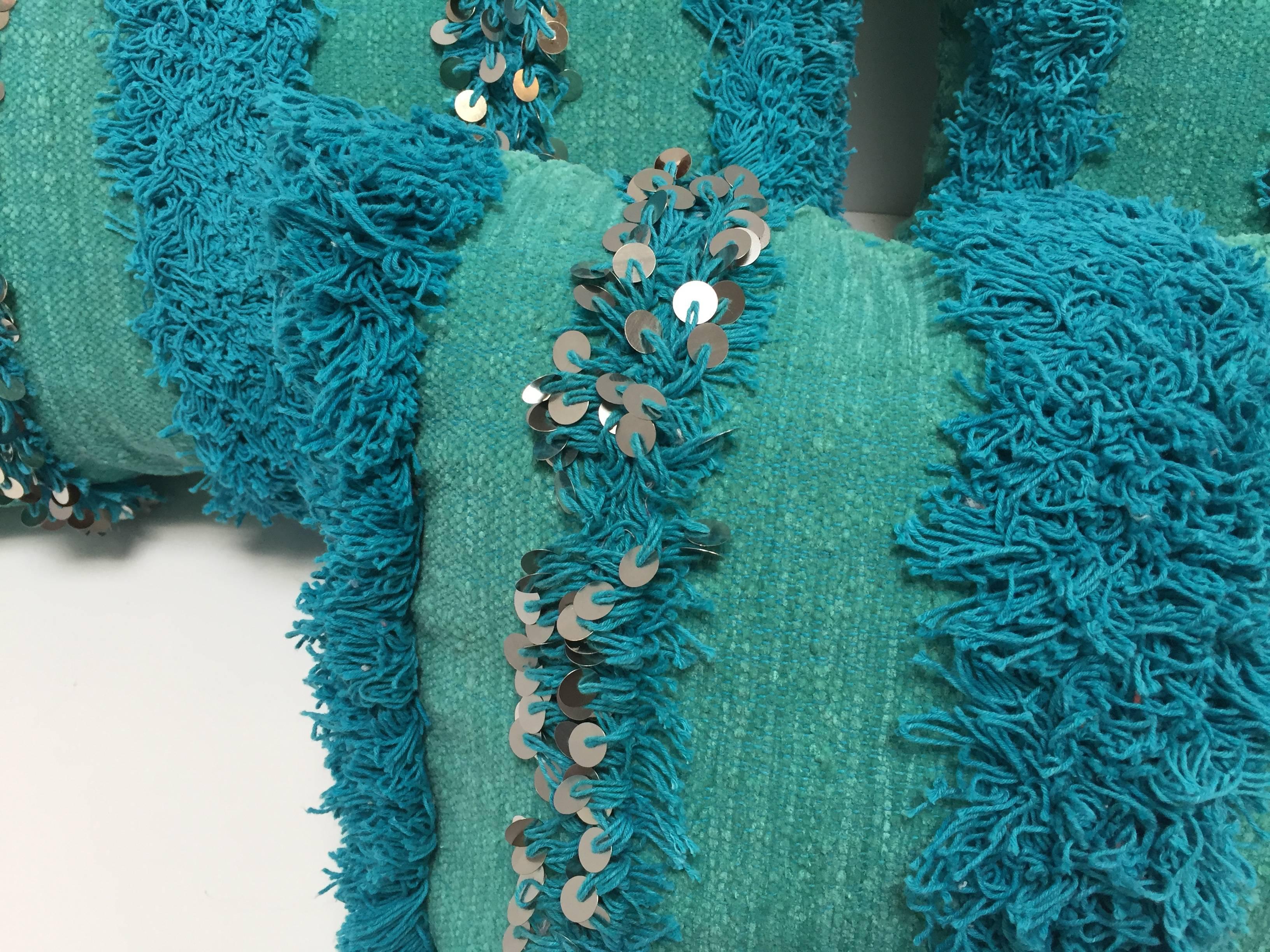 Moroccan Aqua Blue Pillow with Silver Sequins and Long Fringes 3