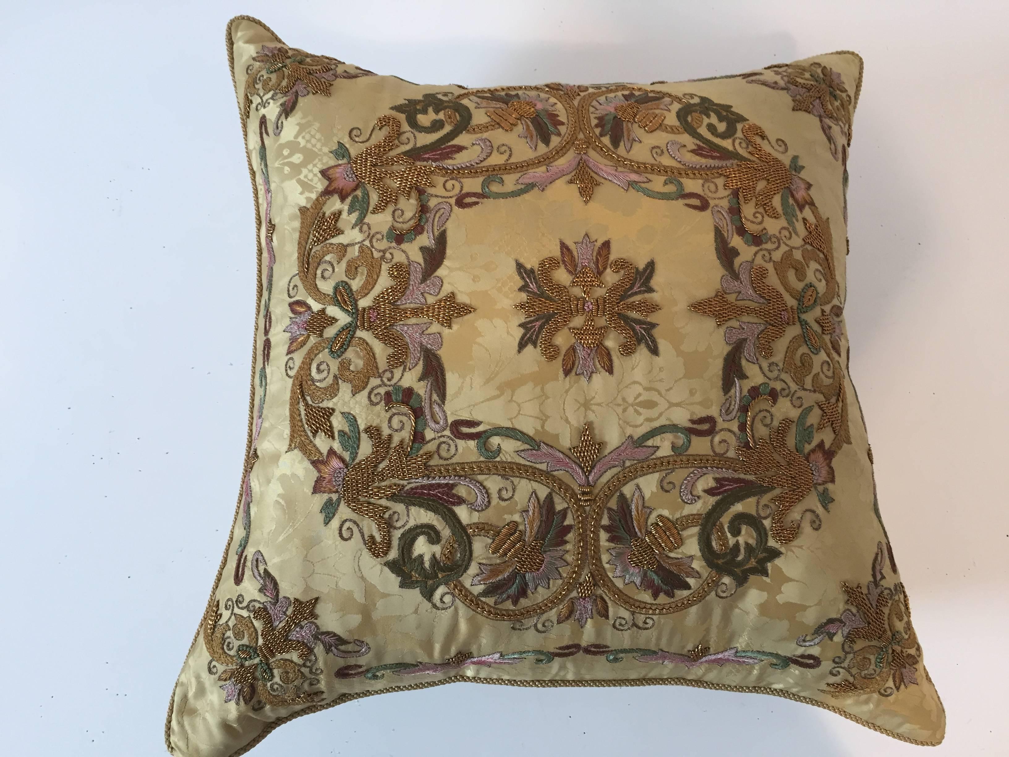 American Gorgeous Designer Embroidered Pair of Gold Throw Pillows