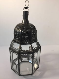 Vintage Moroccan Moorish Octagonal Metal and Glass Candle Lantern