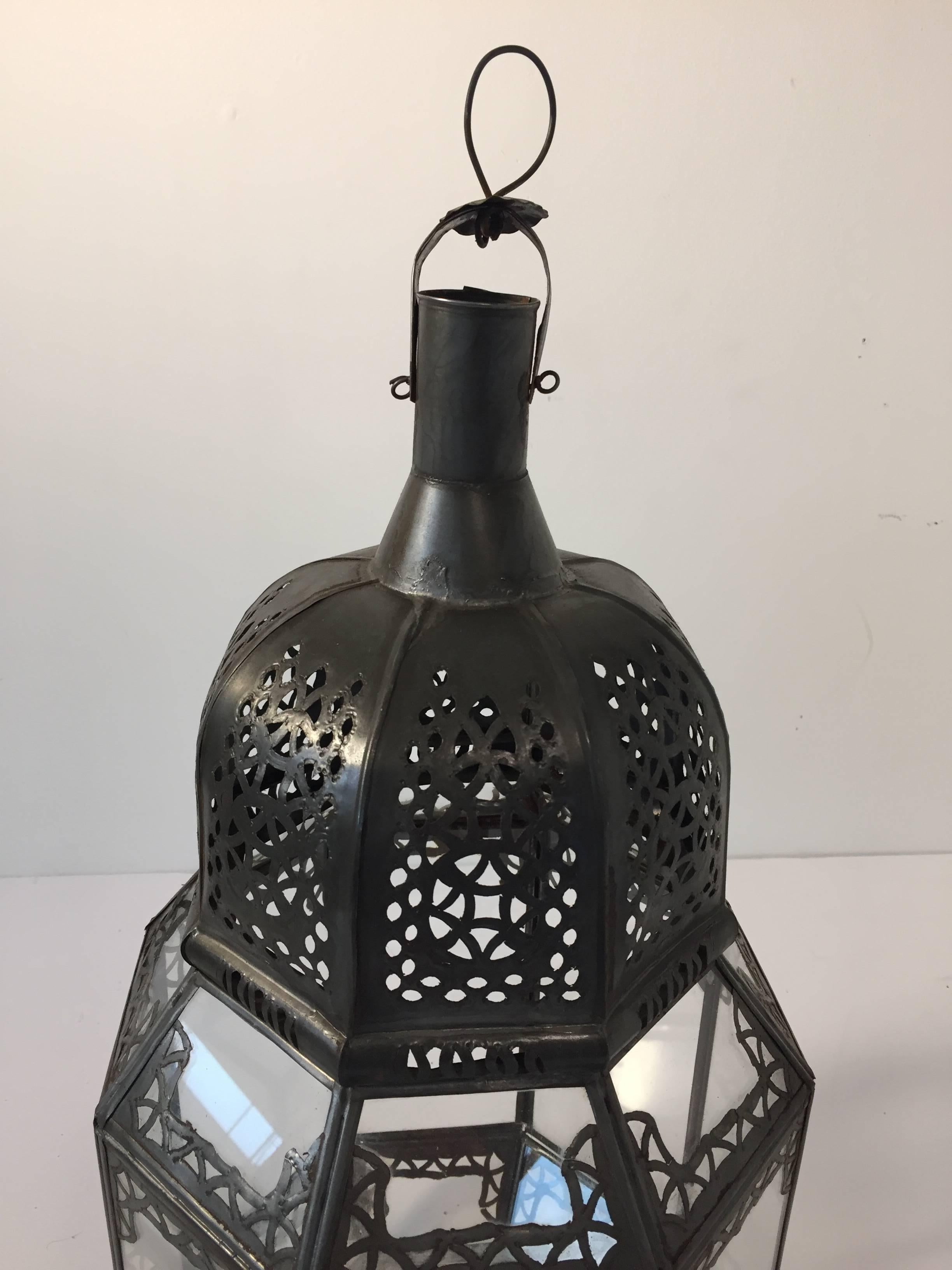 Hand-Crafted Vintage Moroccan Moorish Octagonal Metal and Glass Candle Lantern For Sale