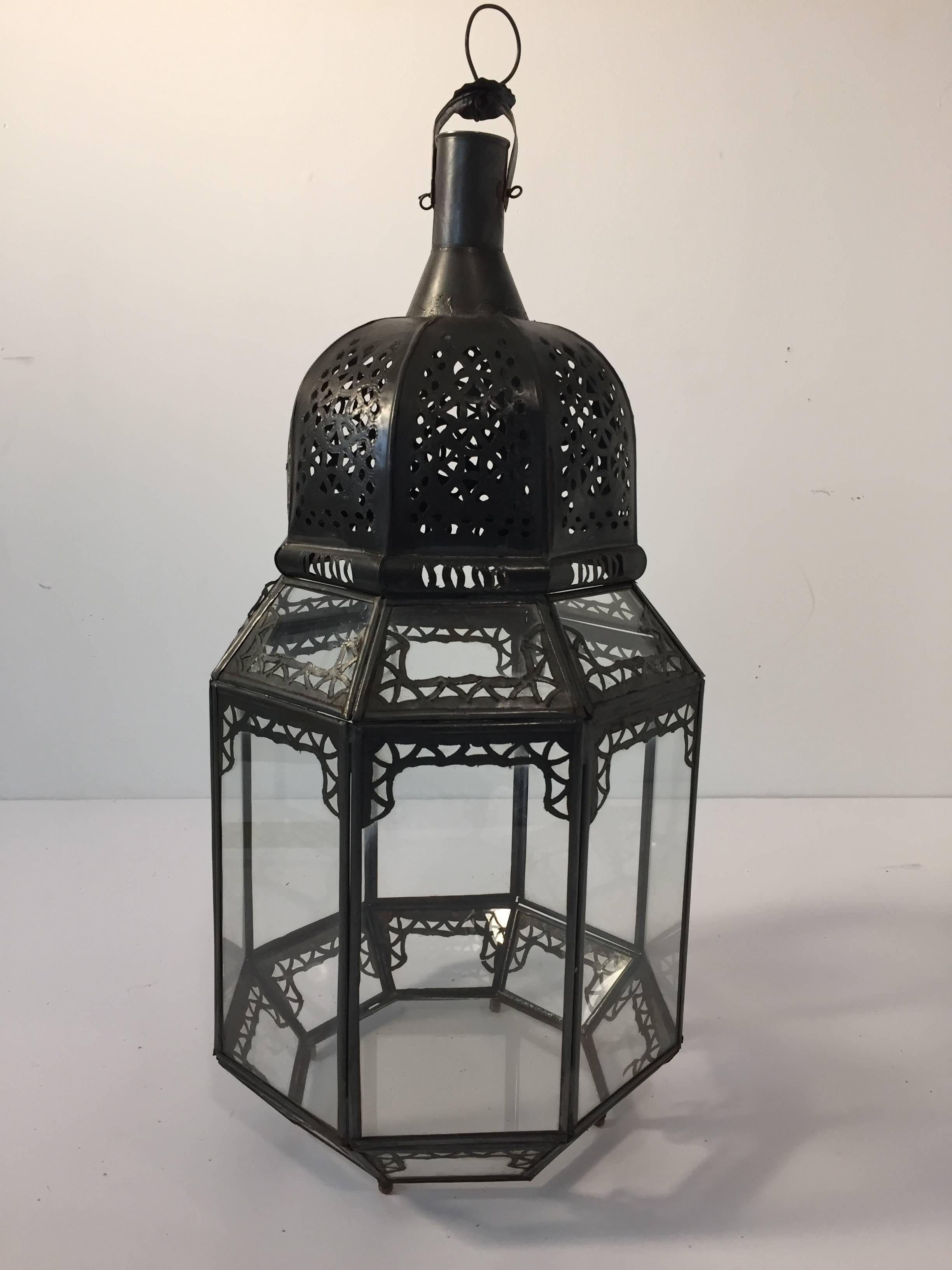 20th Century Vintage Moroccan Moorish Octagonal Metal and Glass Candle Lantern For Sale