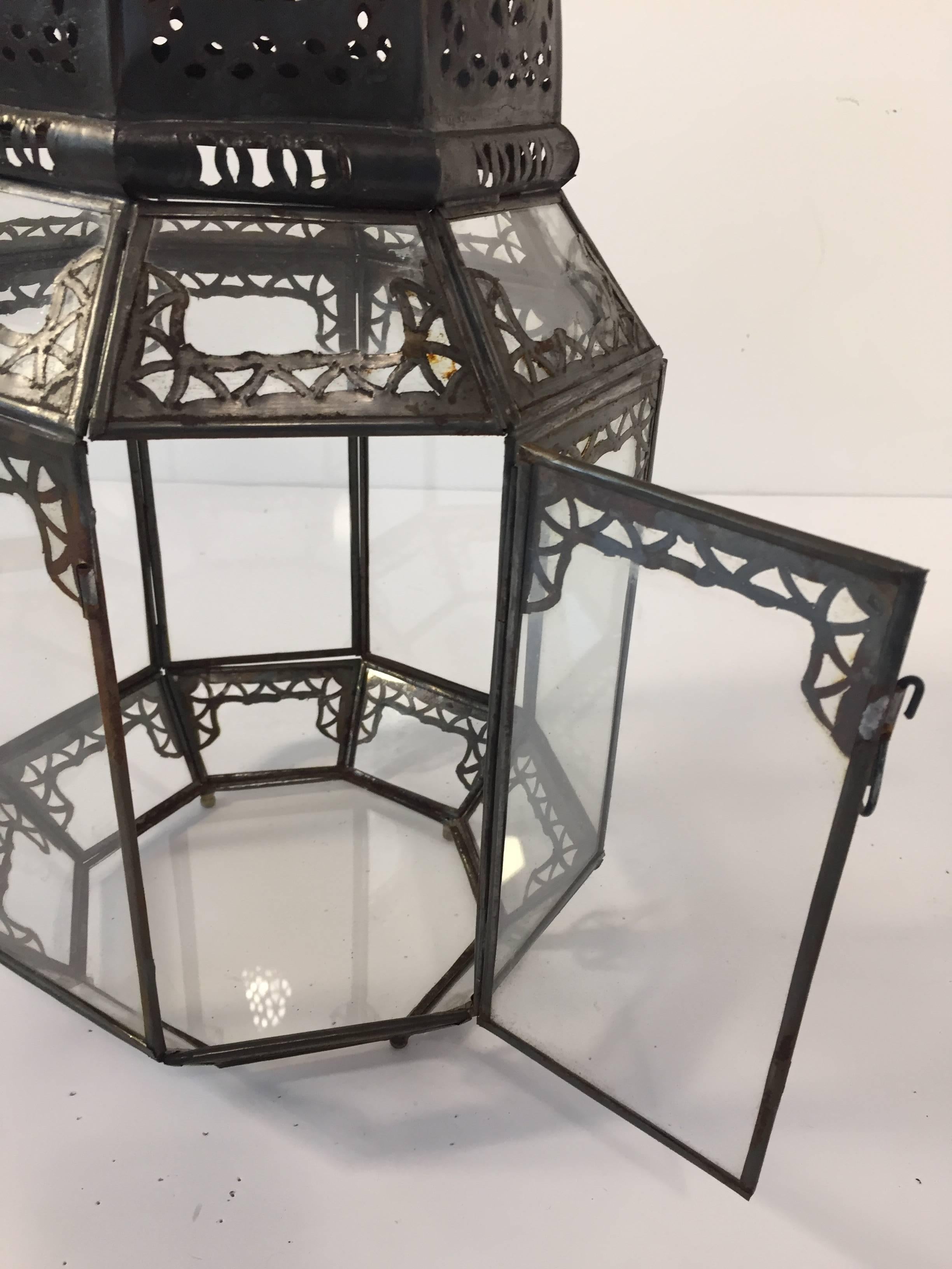 Vintage Moroccan Moorish Octagonal Metal and Glass Candle Lantern For Sale 2