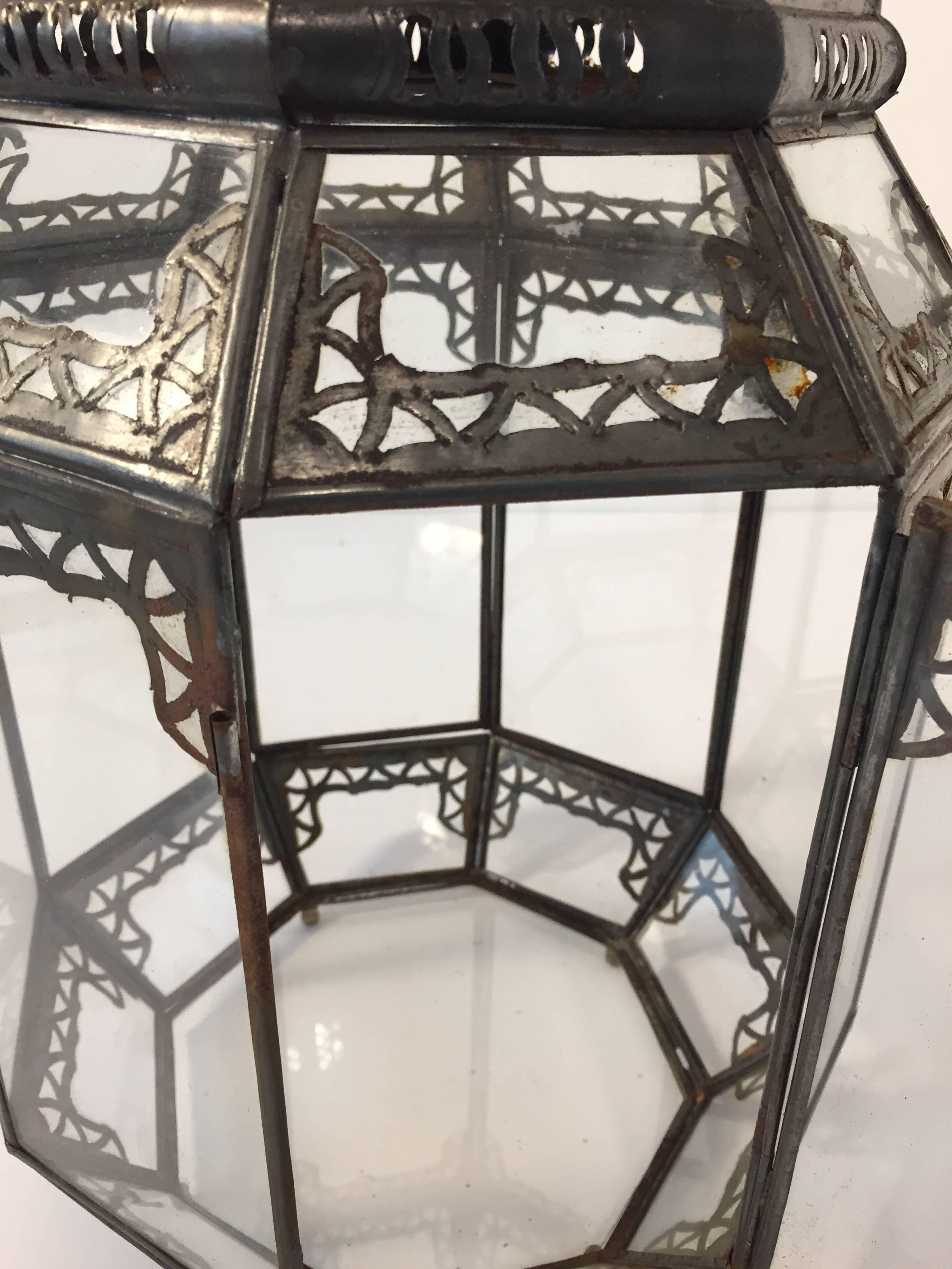 Vintage Moroccan Moorish Octagonal Metal and Glass Candle Lantern For Sale 3