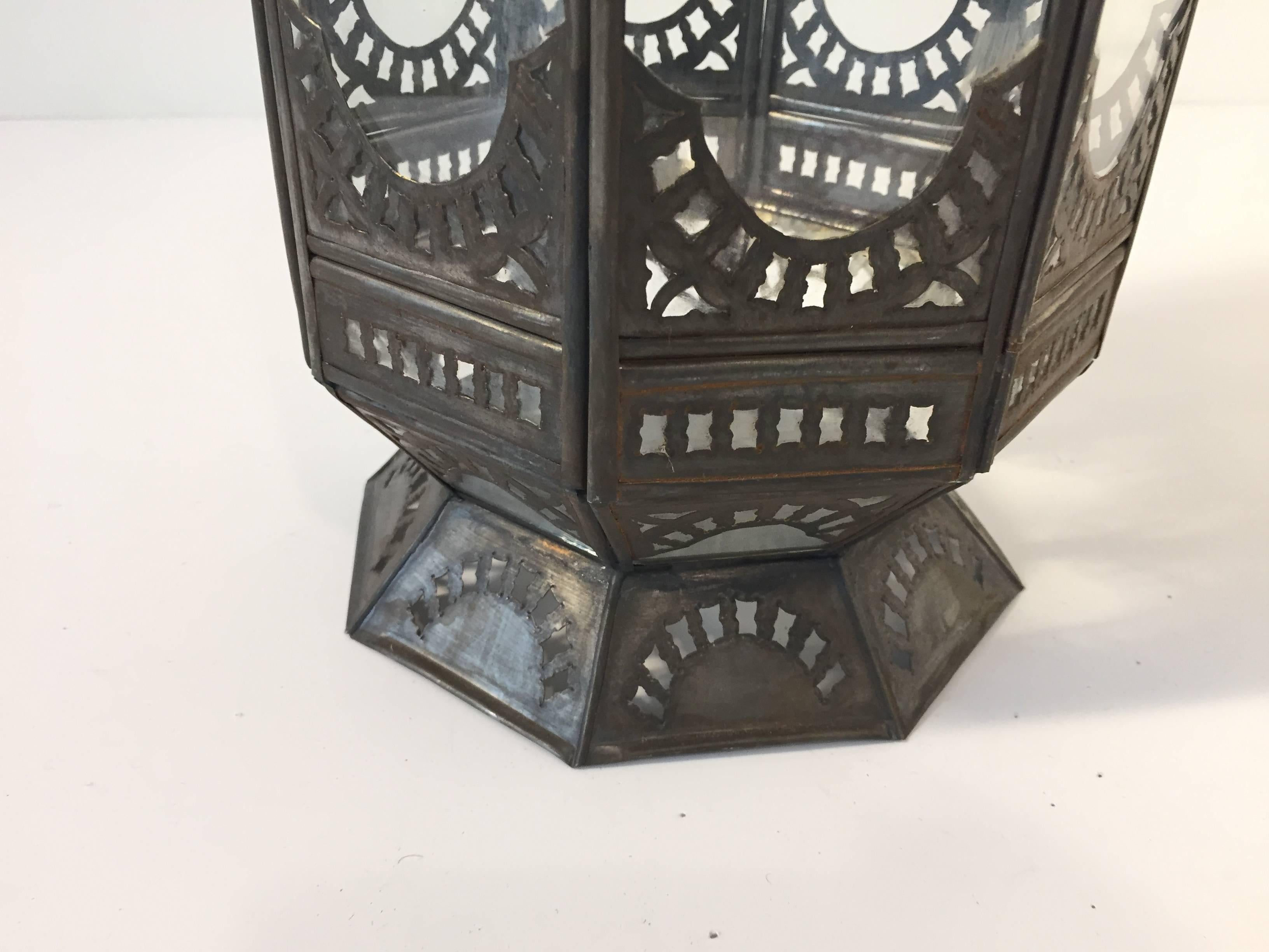 Moroccan Moorish Octagonal Metal and Glass Candle Lantern In Good Condition In North Hollywood, CA