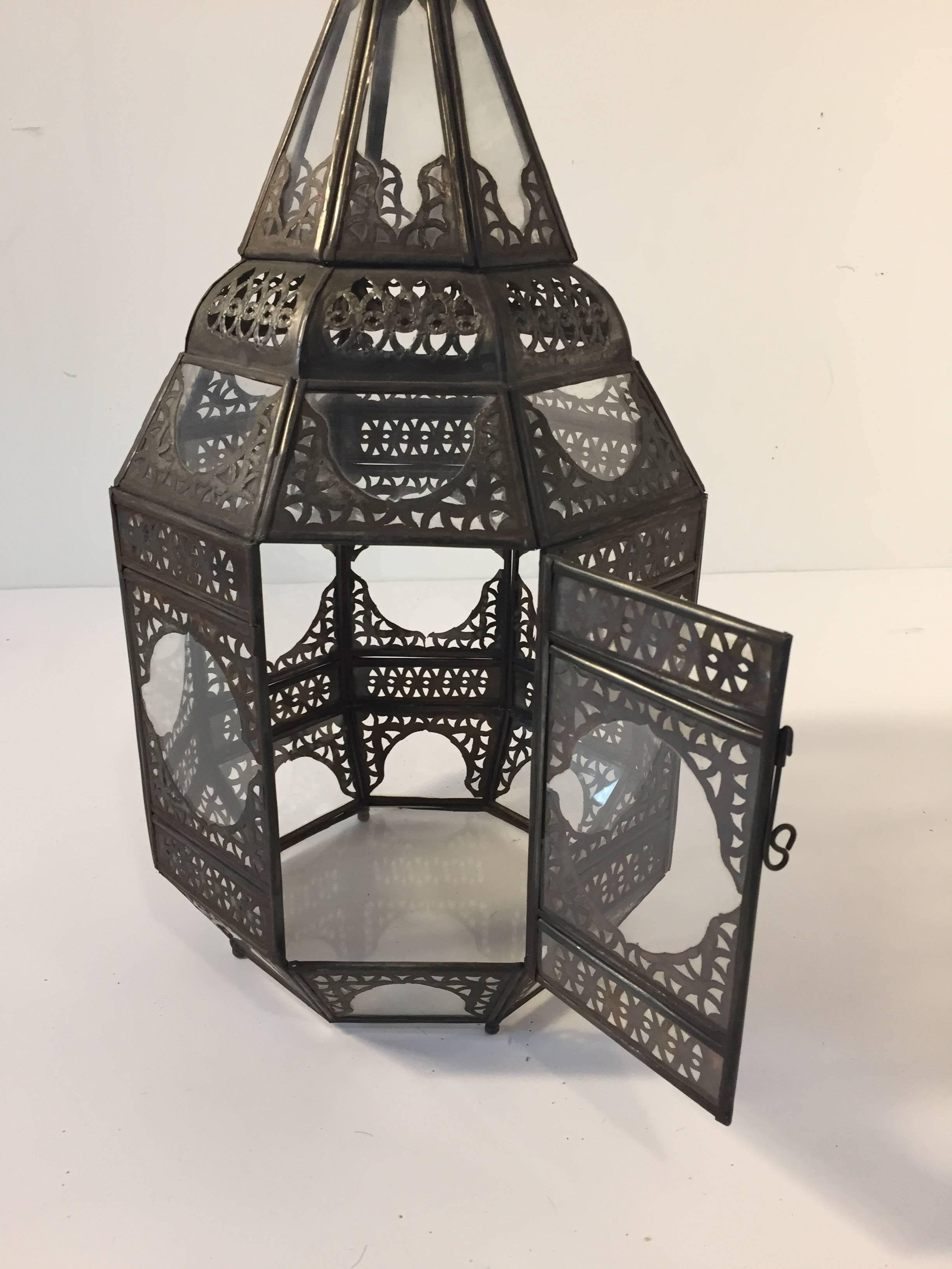 Moroccan Moorish Metal and Clear Glass Candle Lantern For Sale 3